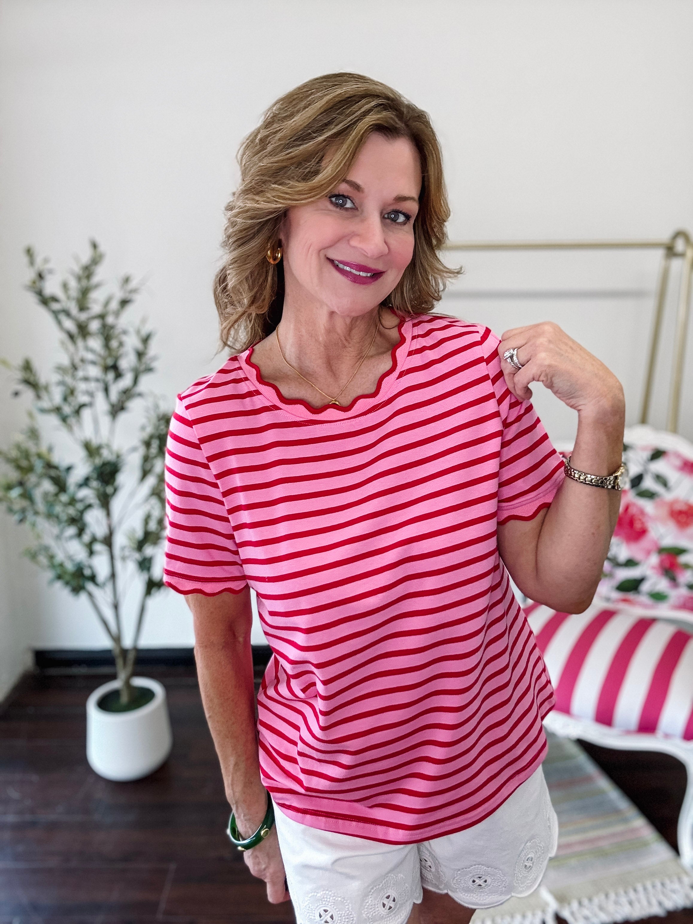 Rosie Stripe Scallop Tee- Pink