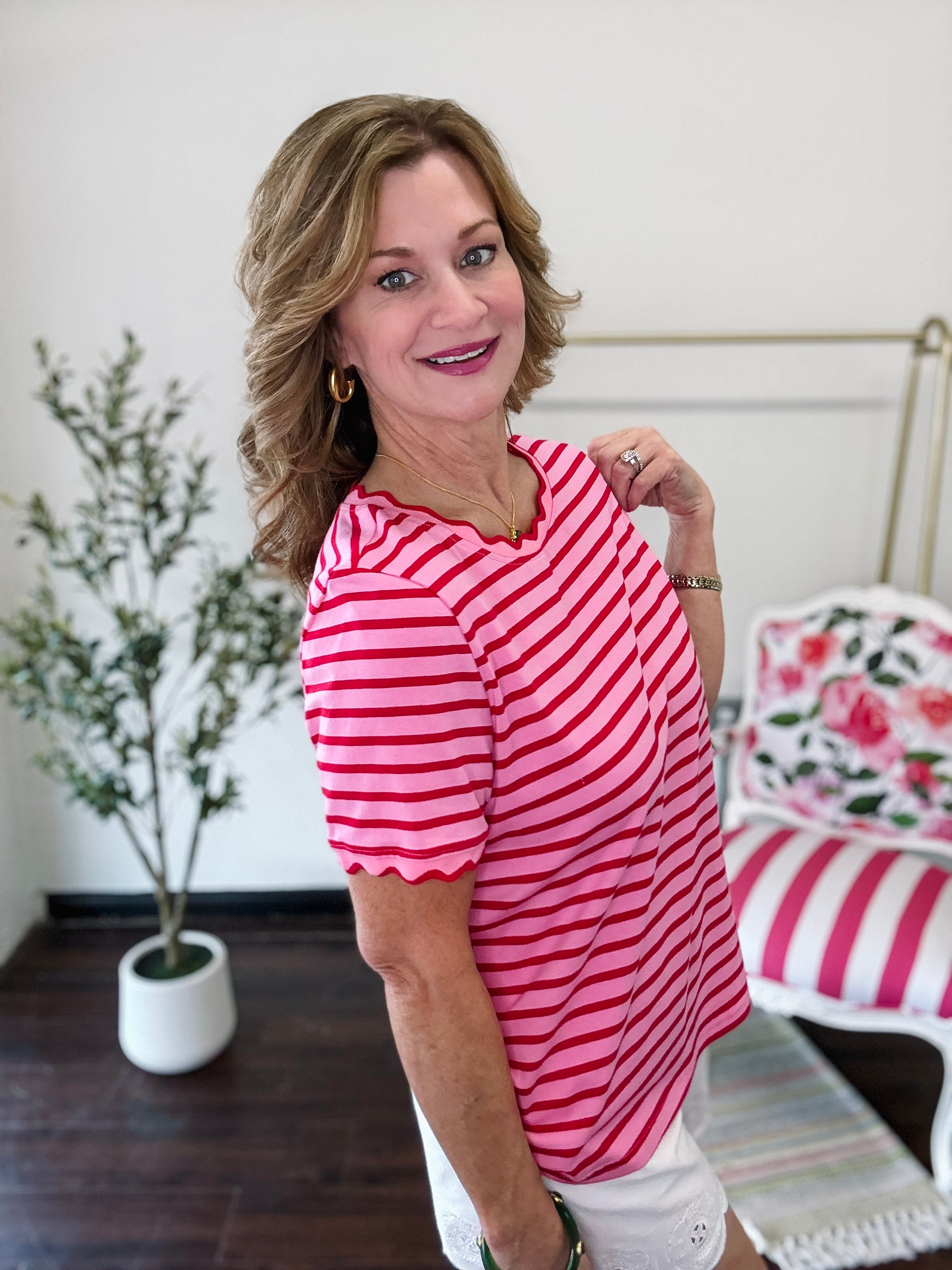 Rosie Stripe Scallop Tee- Pink