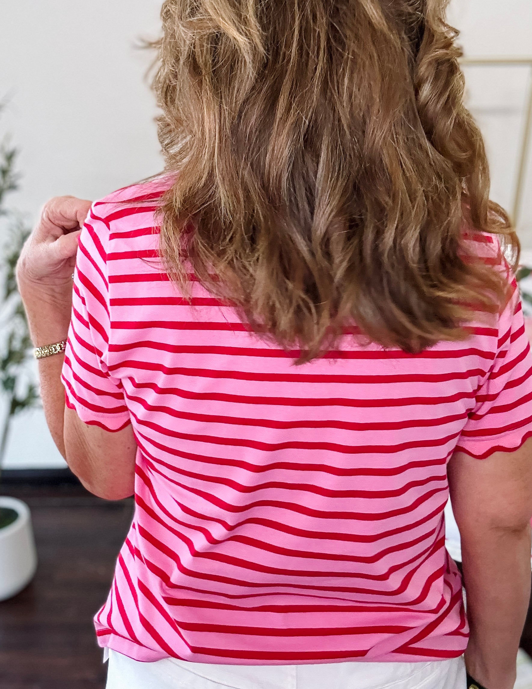 Rosie Stripe Scallop Tee- Pink