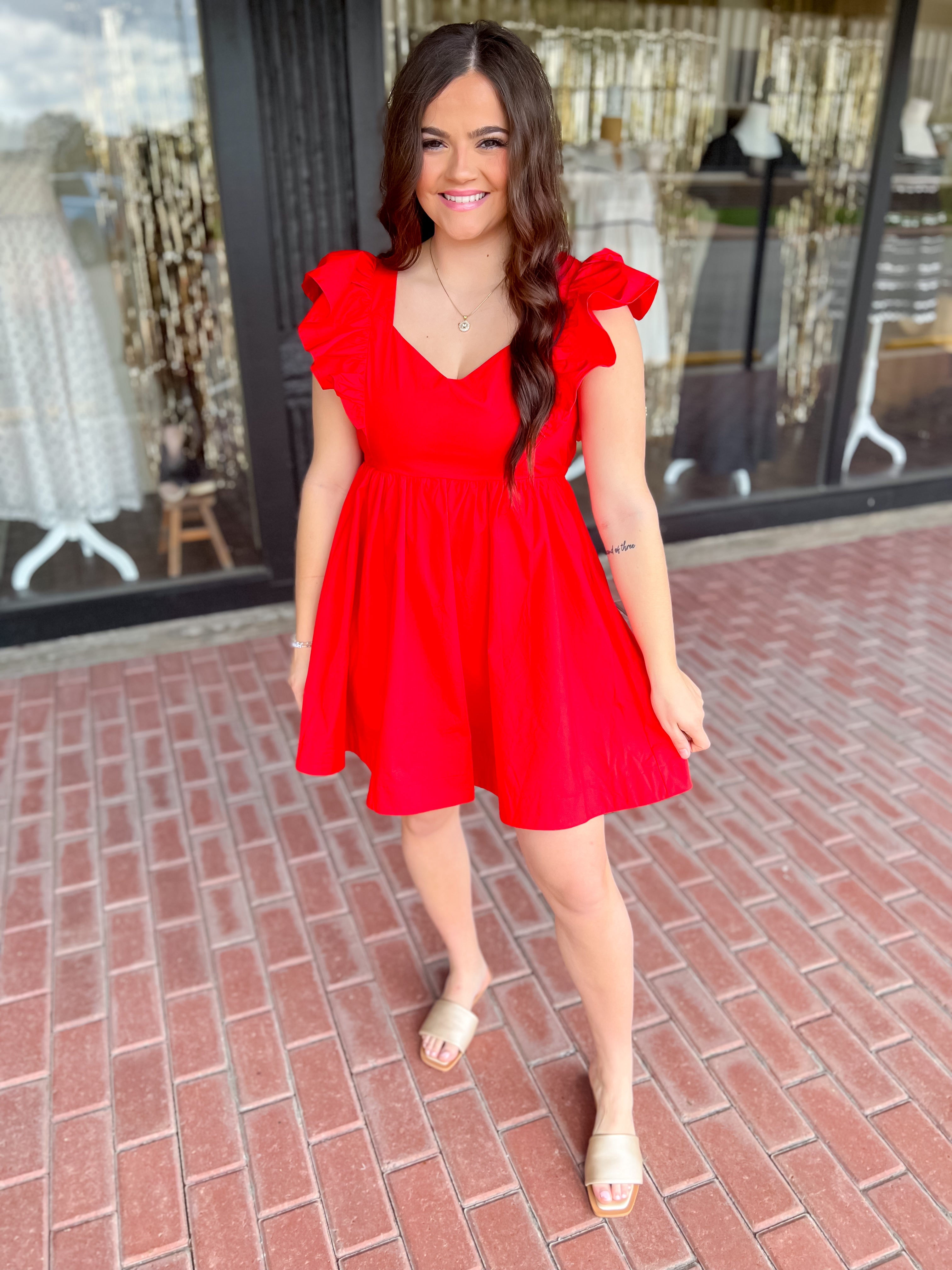 Ruffle Sleeve Mini Dress with Tie Back Detail-Red