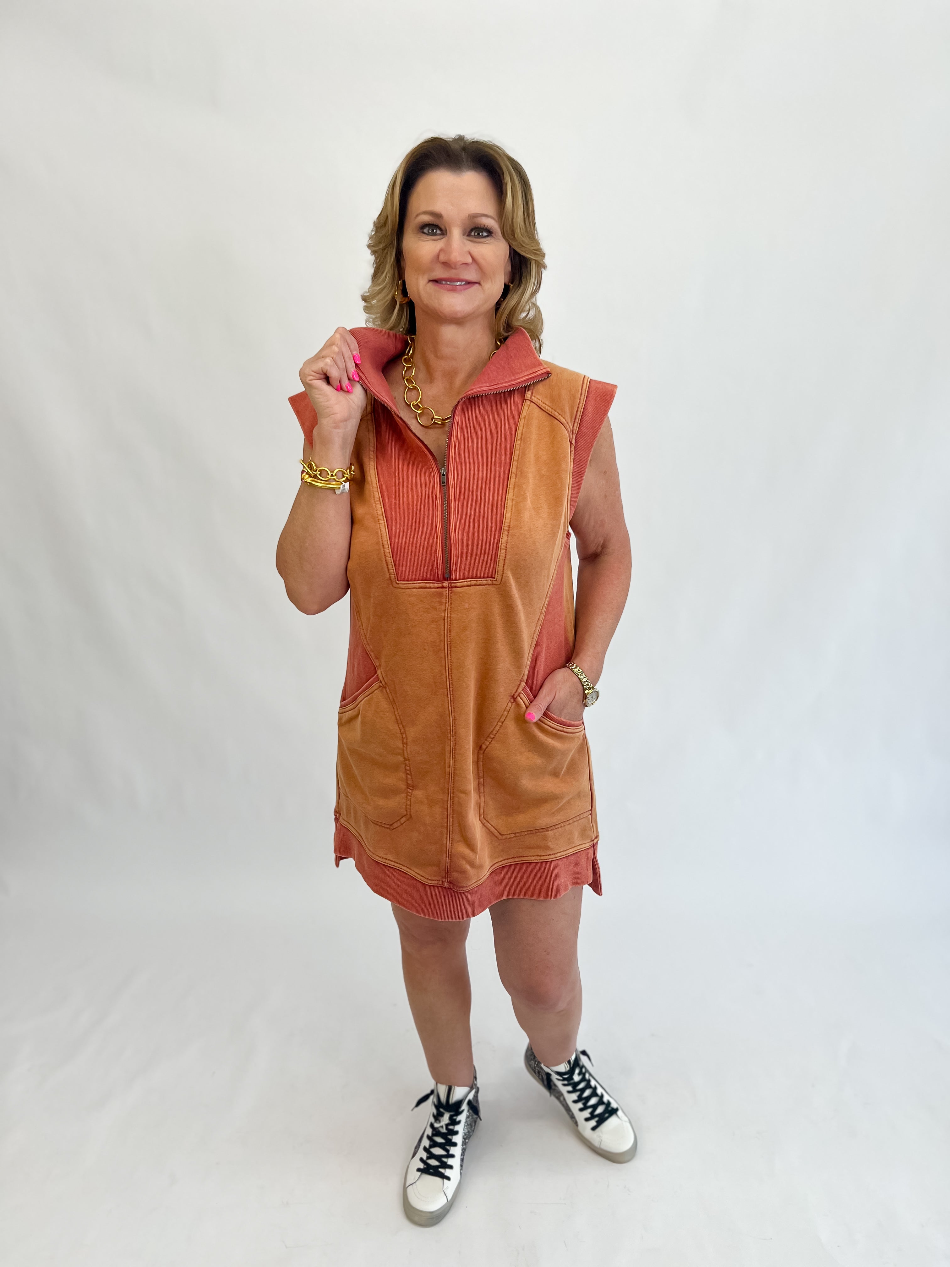 Sporty Mineral-Washed Vest Dress-Rust