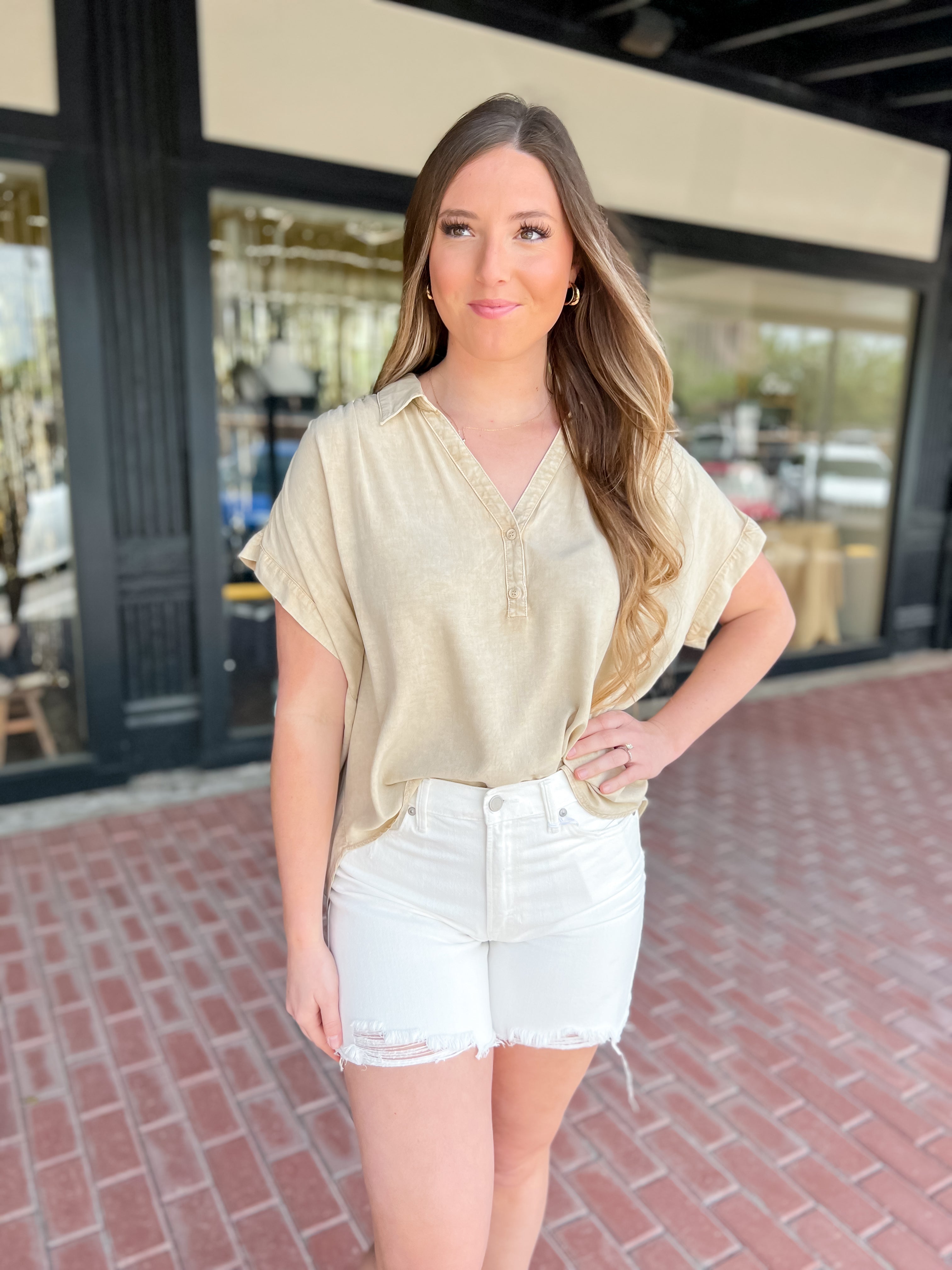 Jody Button Up Collar Top-Taupe