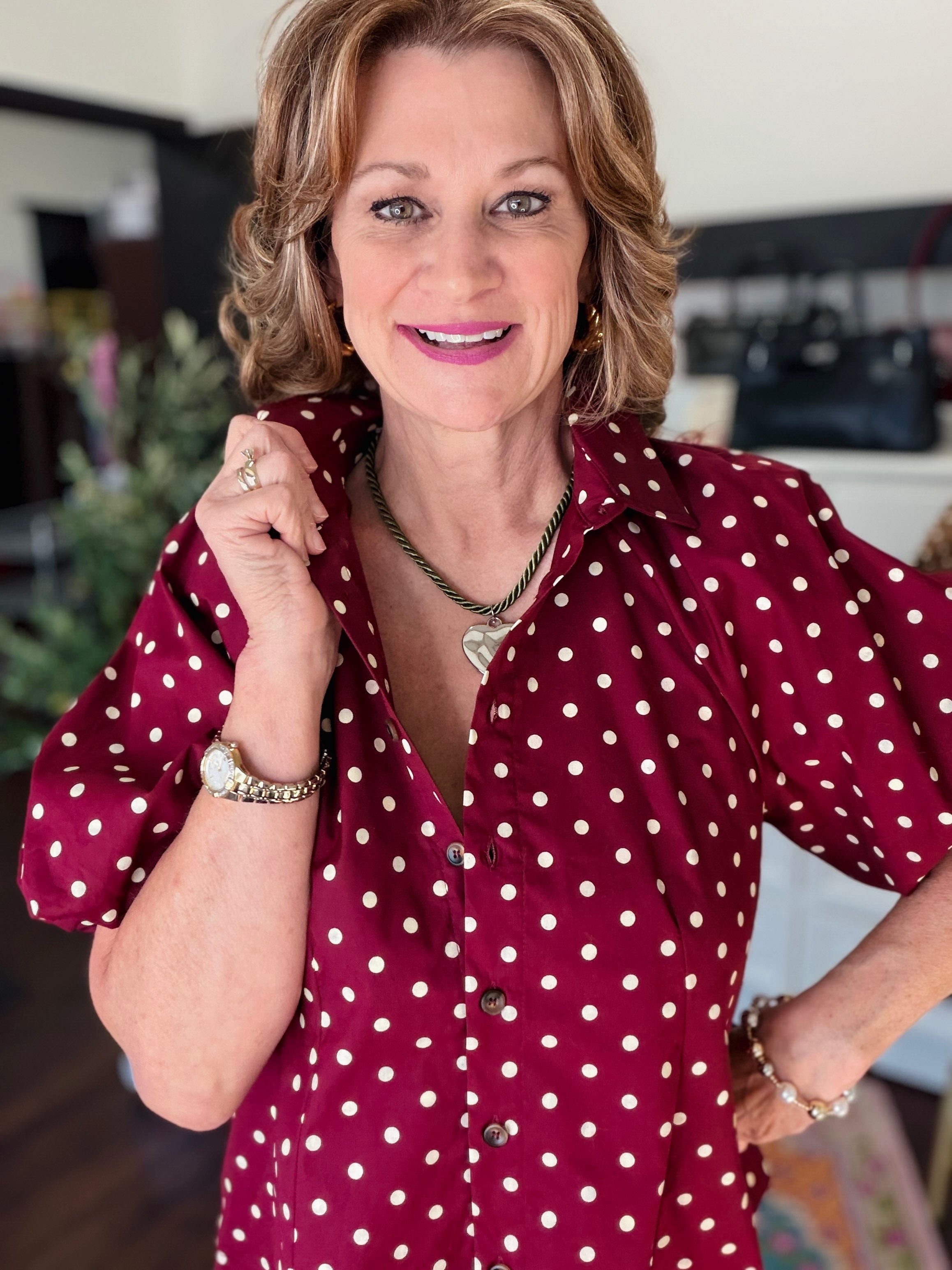 Polka Dot Puff Sleeve Top-Deep Wine