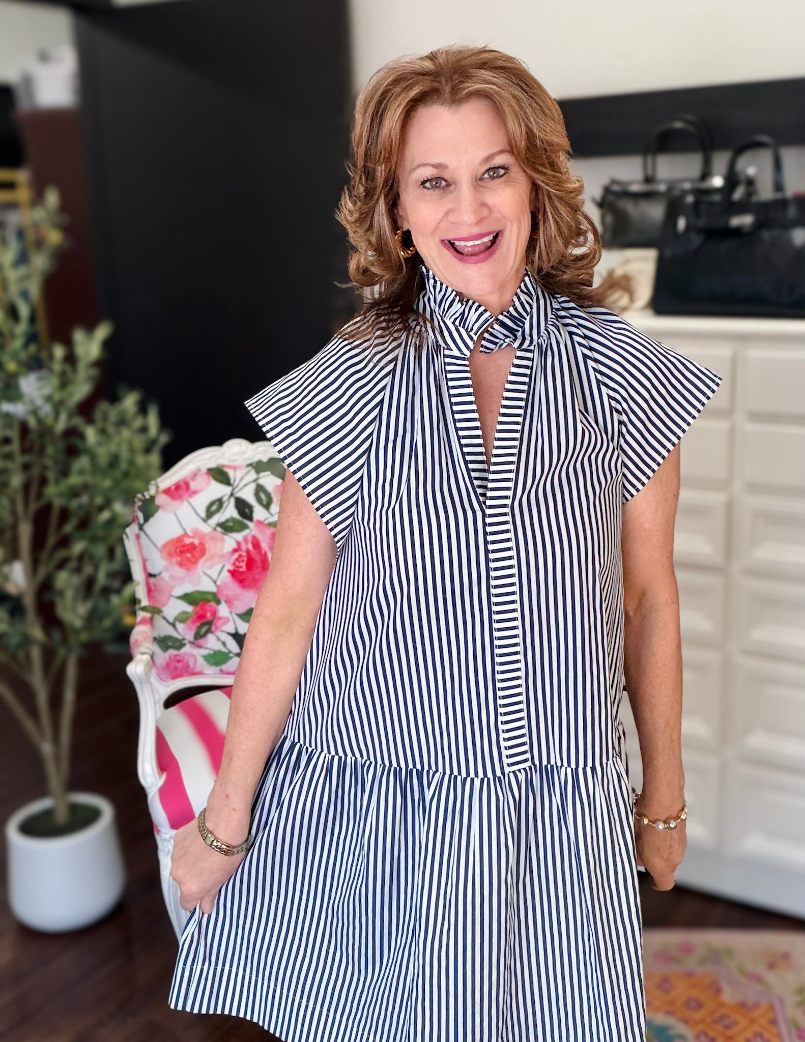Stripe Ruffle Neck Tunic Mini Dress-Navy