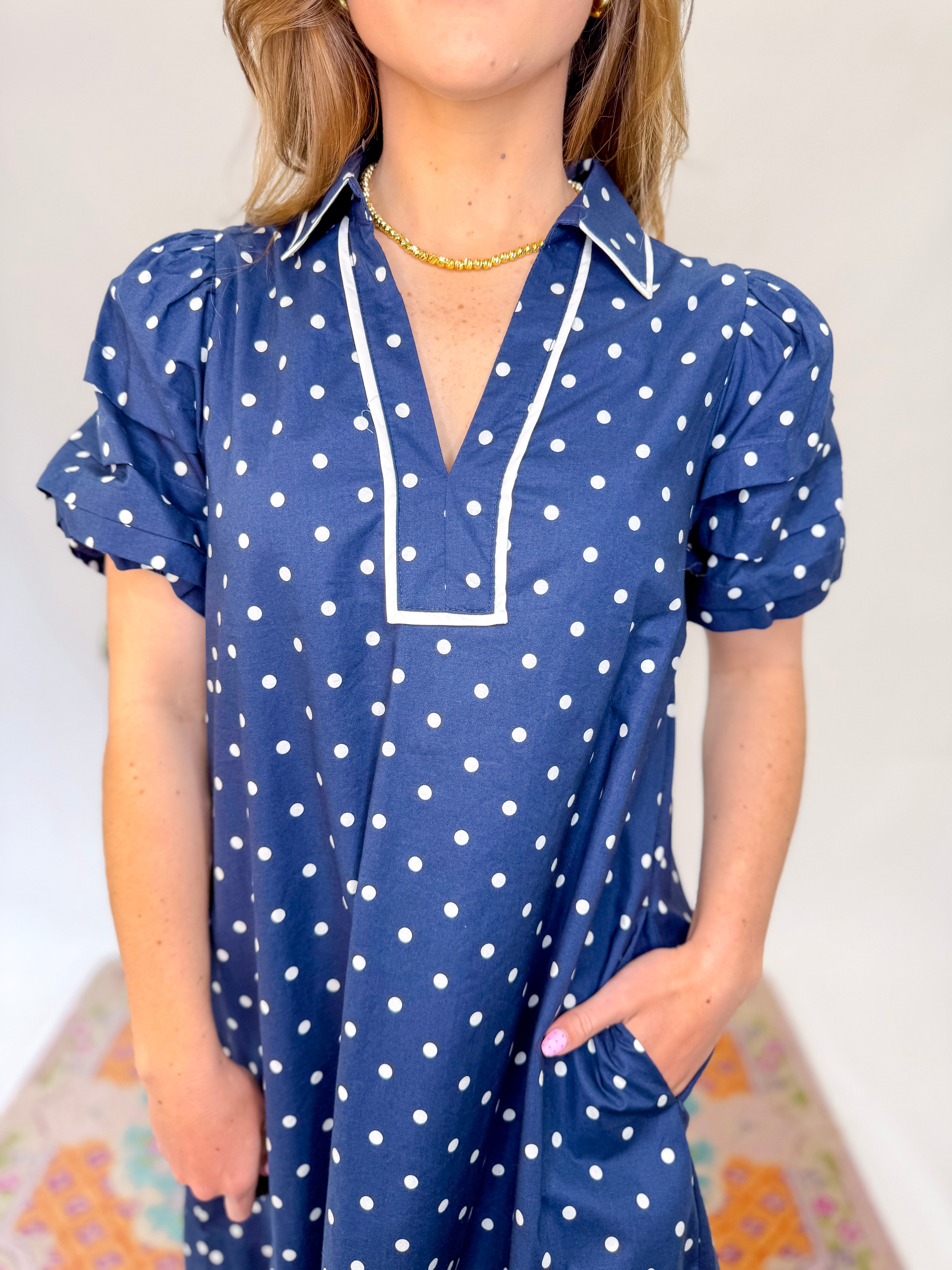 Melody Polka Dot Puff Sleeve Dress - Navy