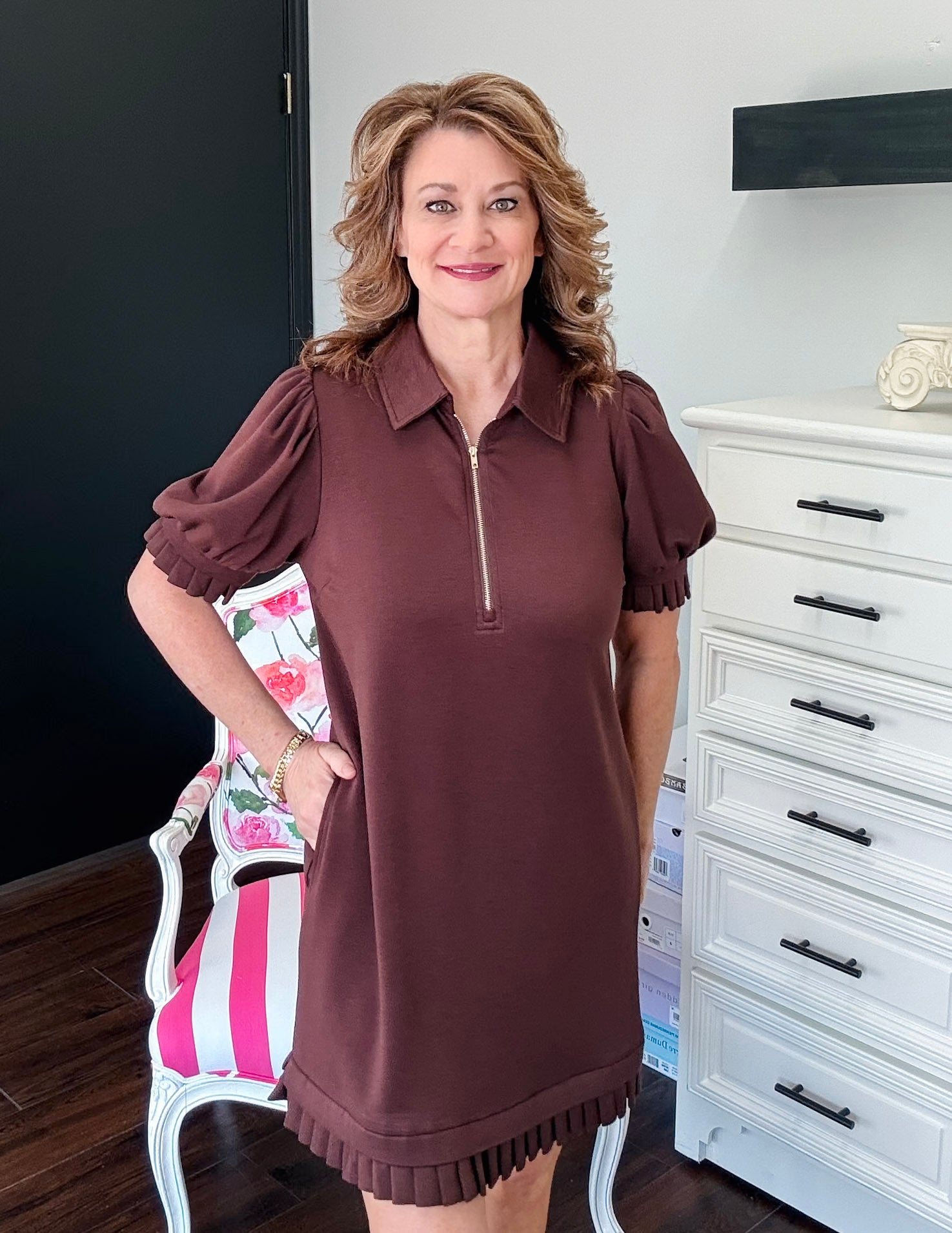 Kick Pleat Dress - Brown