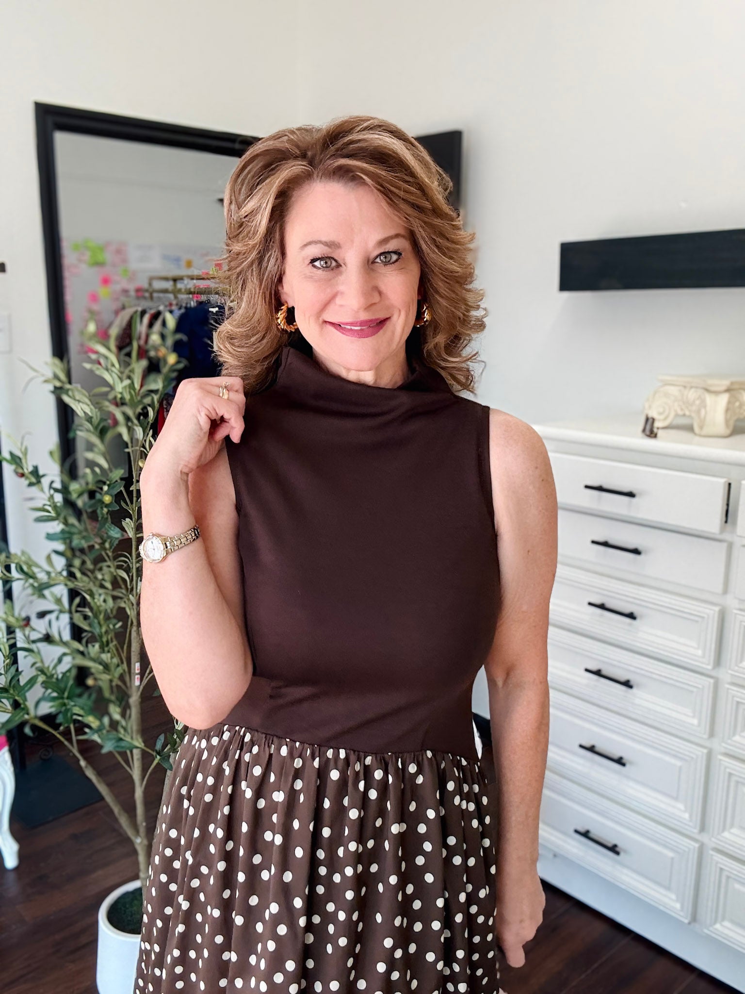 Mock Neck Dress - Brown