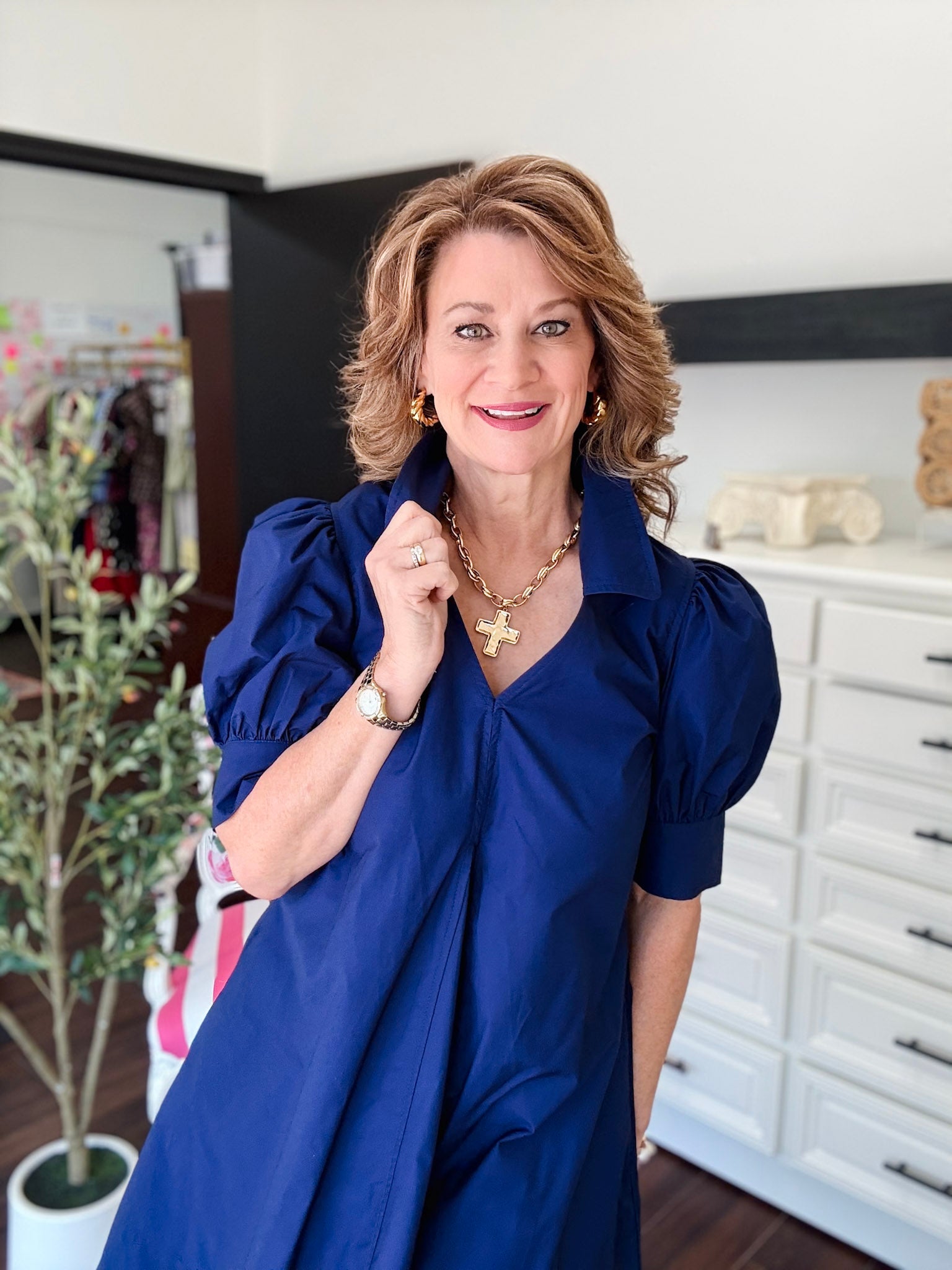 Puff Sleeve V-Neck Mini Dess-Deep Navy