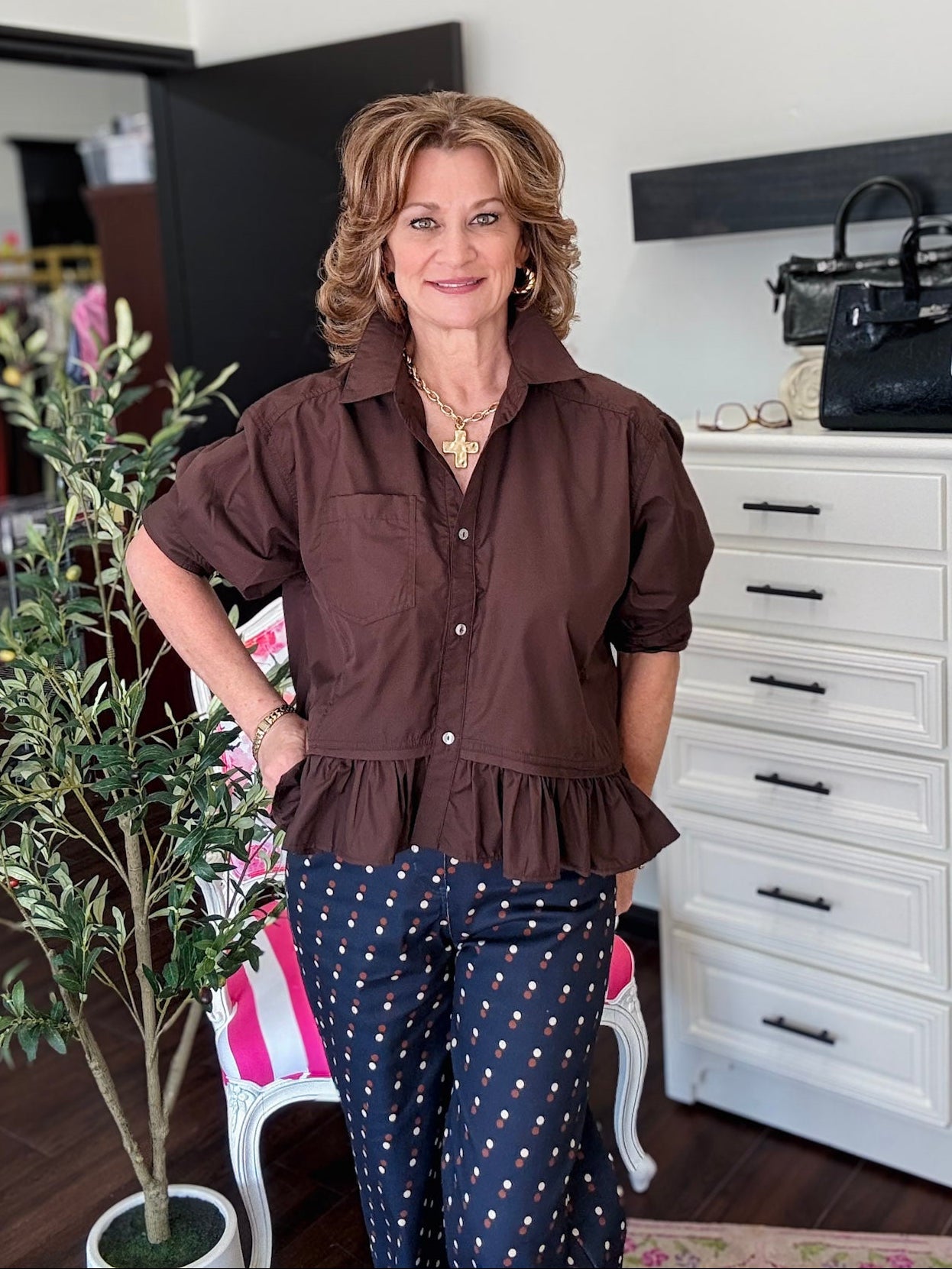Ruffle Hem Classic Top - Brown