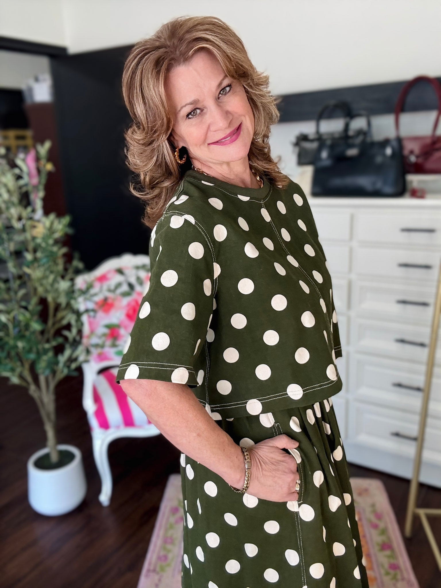 Polka Dot Short Sleeve Top-Olive