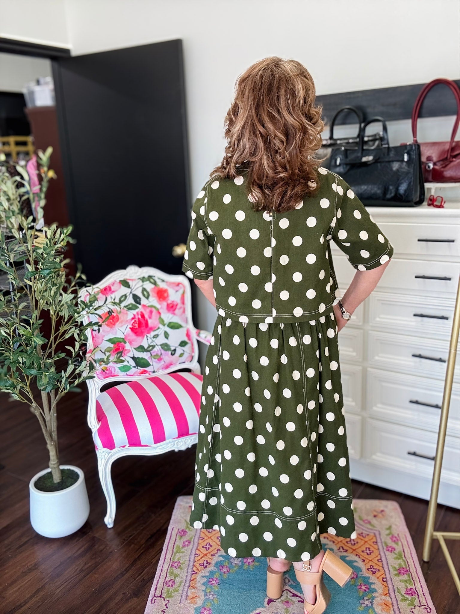 Polka Dot Midi Skirt-Olive