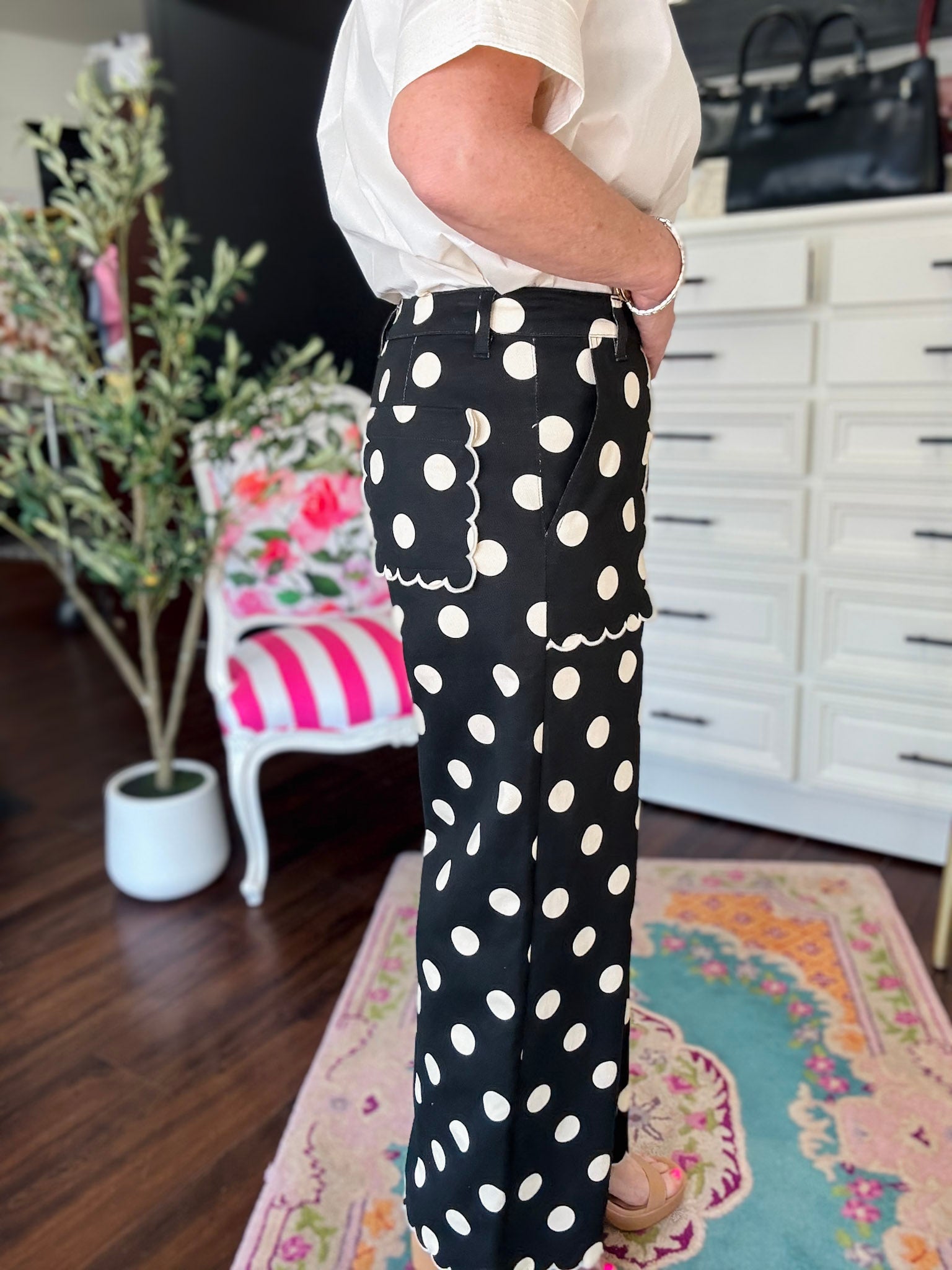 Polka Dot Scallop Pant-Black/Ivory