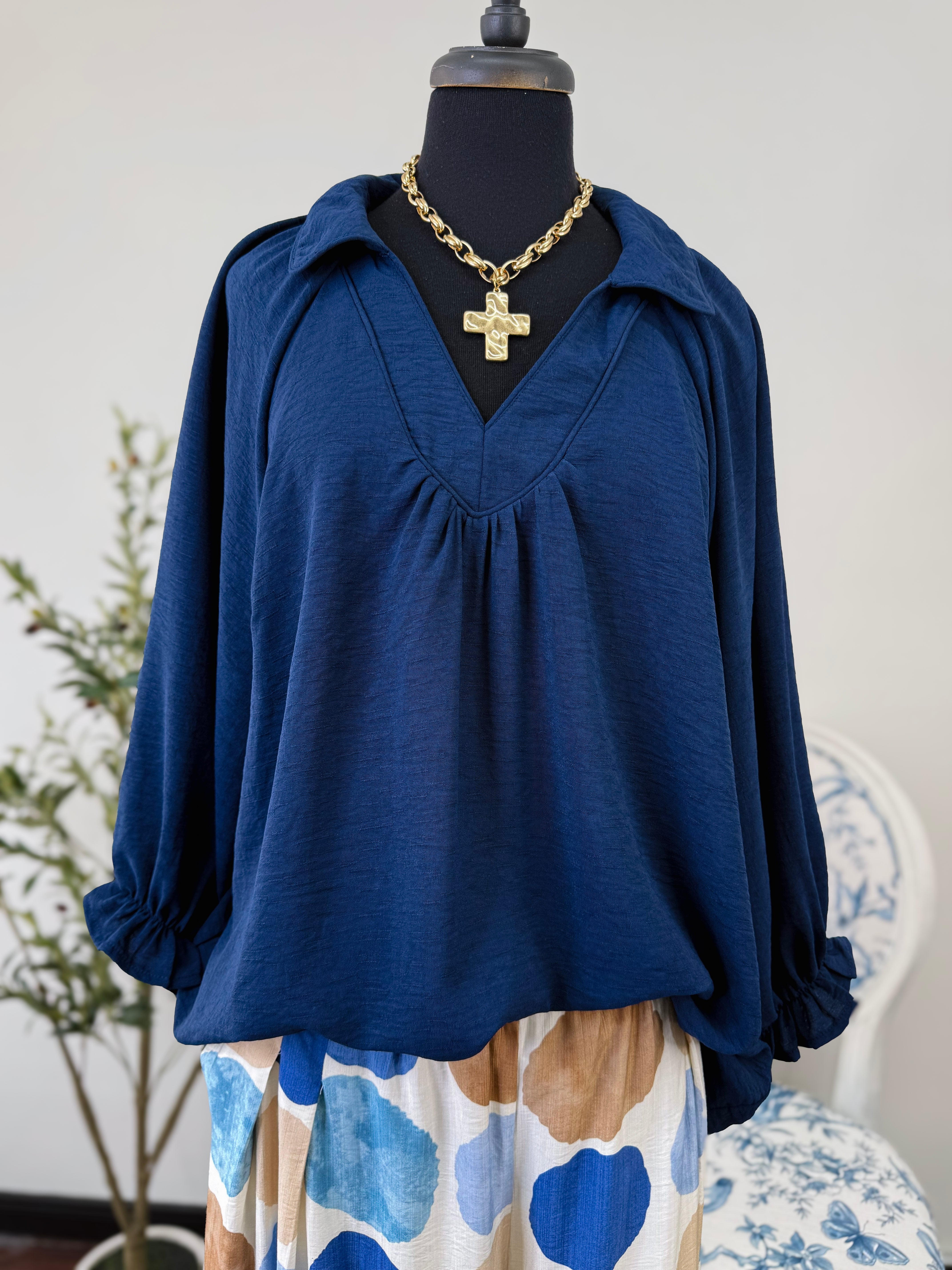 Navy V-Neck Top-Plus