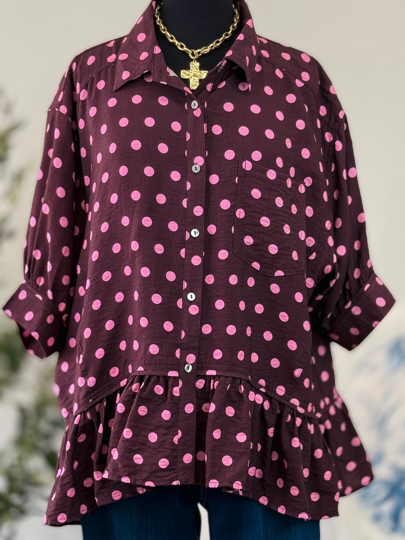 [Plus] Ruffle Hem Top - Wine