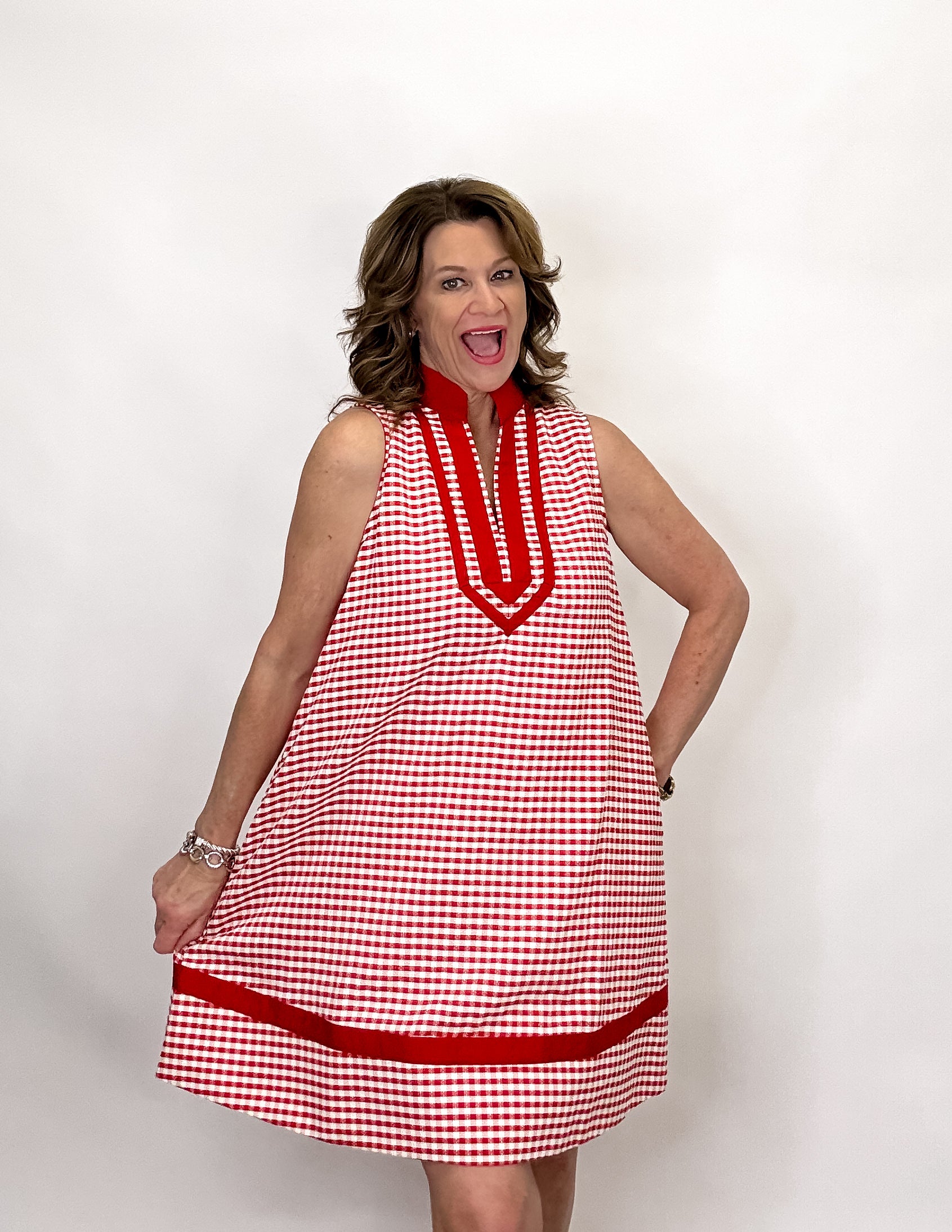 Market Morning Lined Gingham Dress - Red