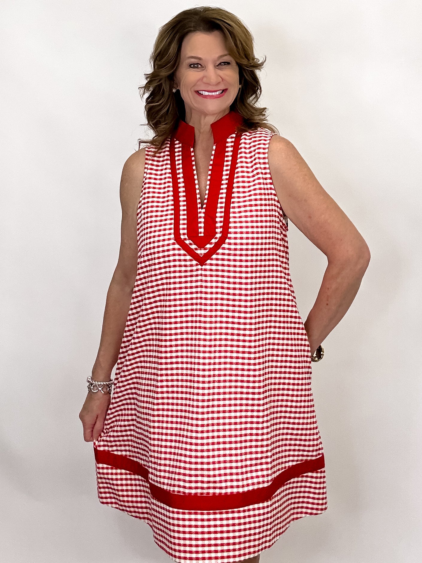 Market Morning Lined Gingham Dress - Red