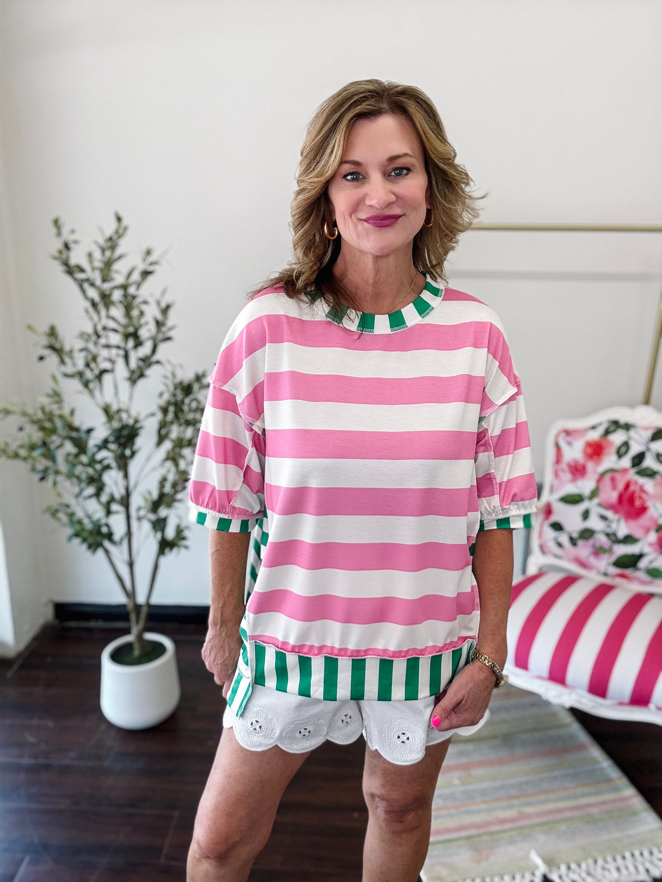 Double Take Contrast Stripe Top