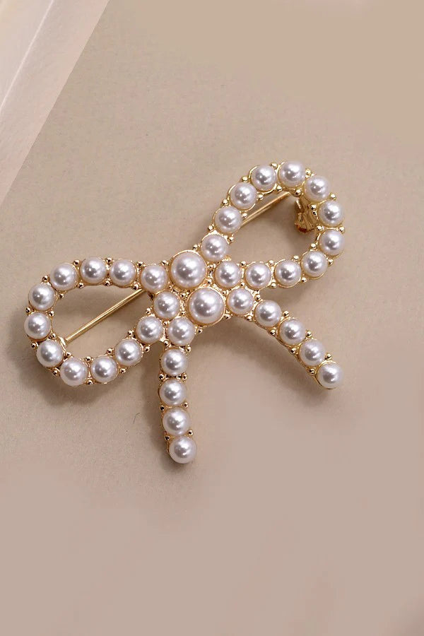 Classic Bow Ribbon Pearl Brooch - Gold