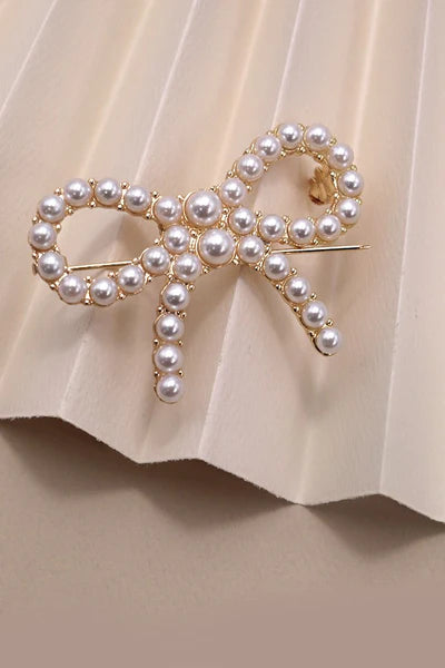 Classic Bow Ribbon Pearl Brooch - Gold