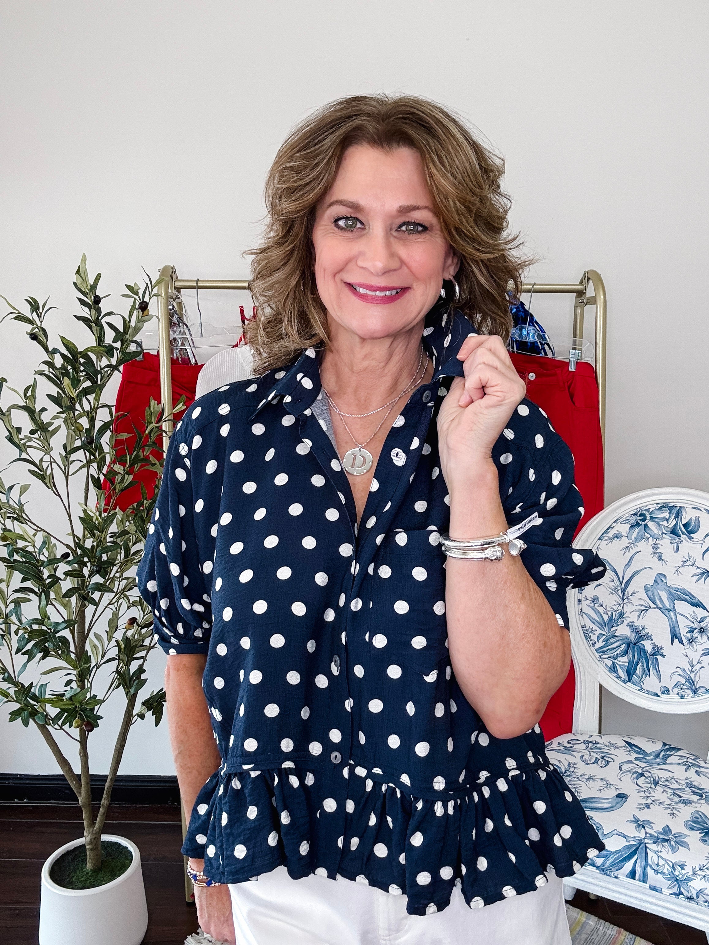 Polka Dot Button Down-Navy