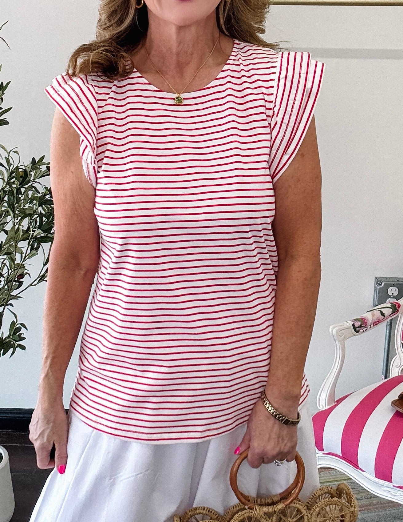 Flutter Sleeve Striped Tee-Red