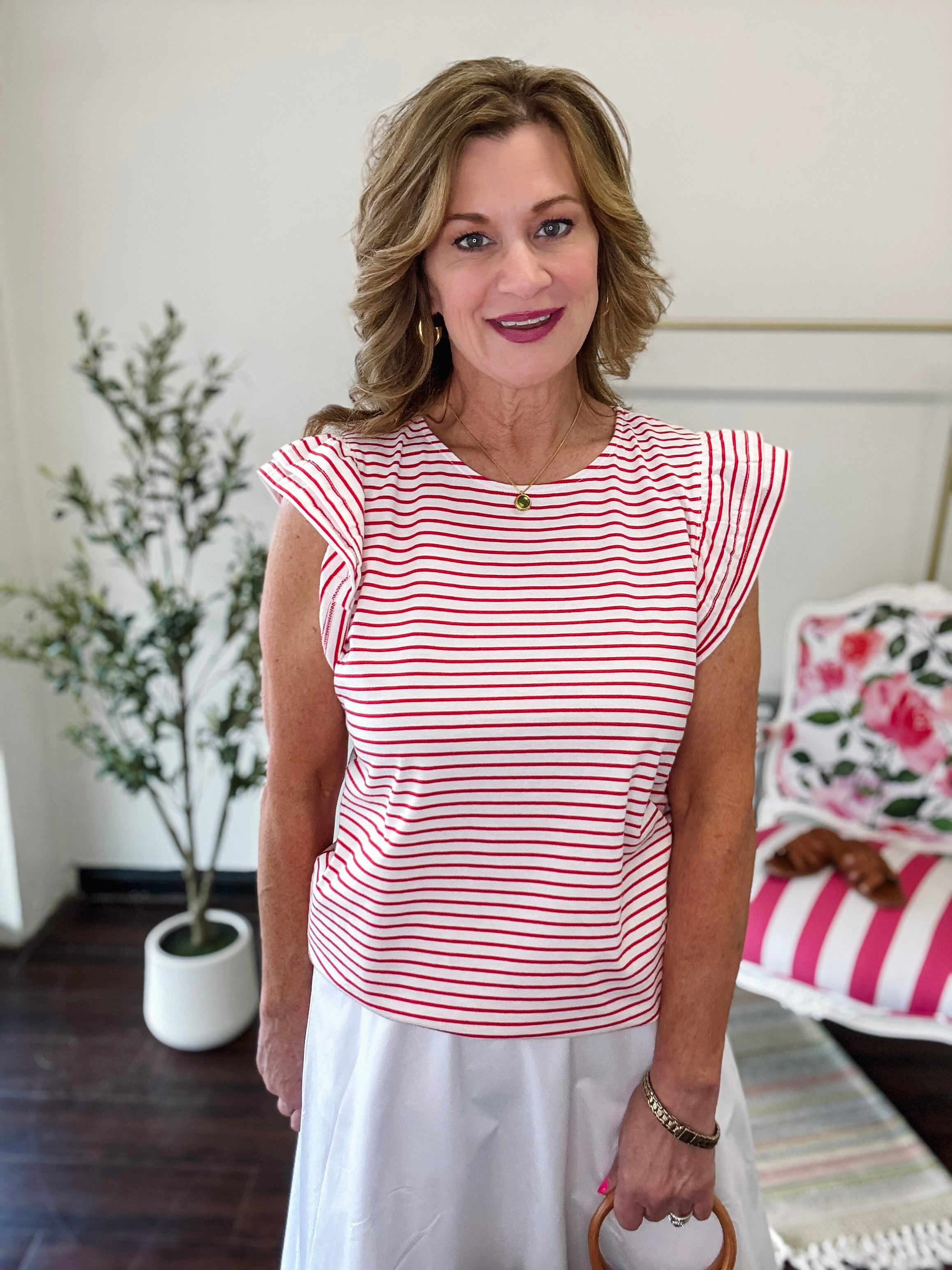 Flutter Sleeve Striped Tee-Red