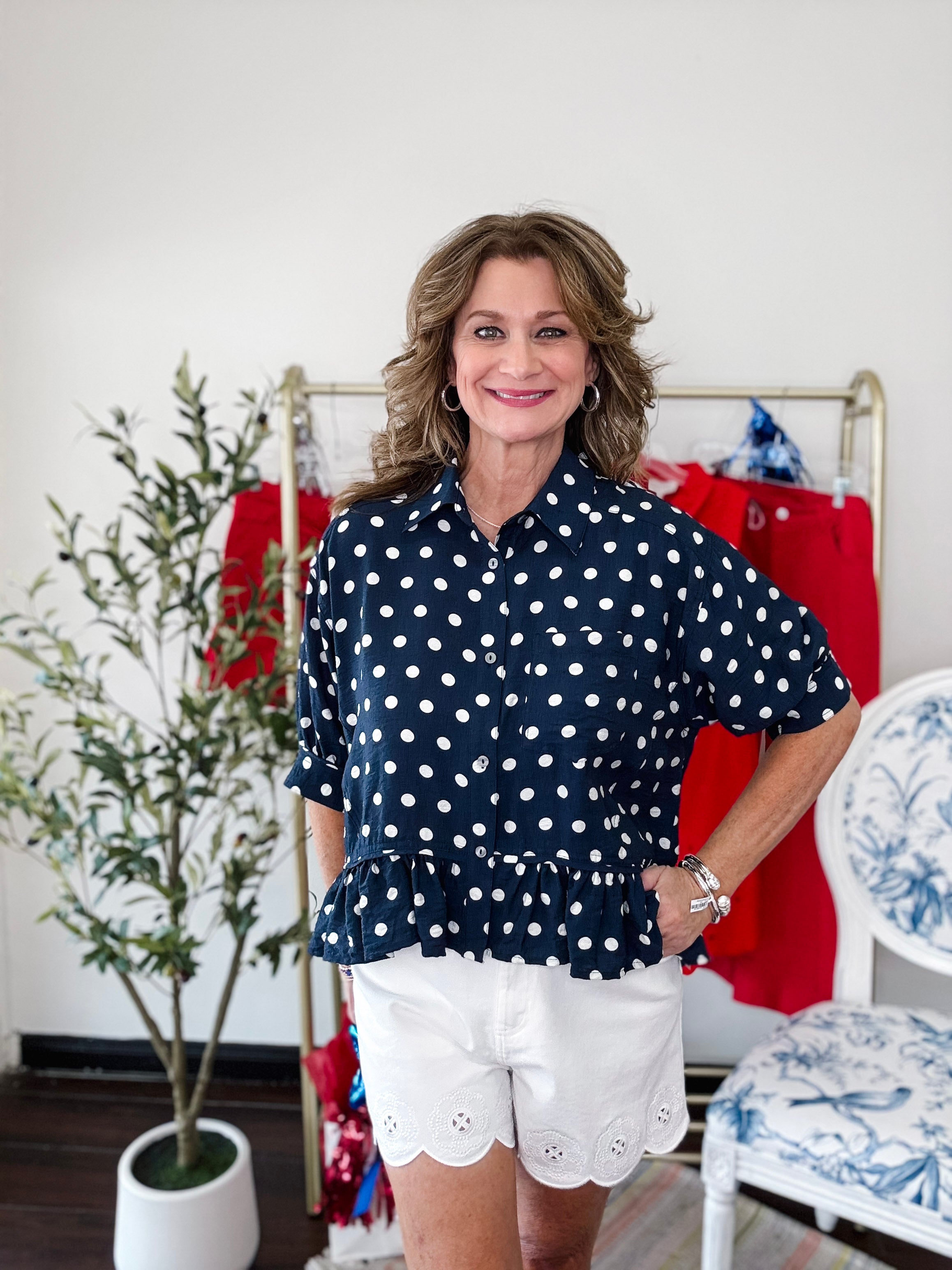 Polka Dot Button Down-Navy