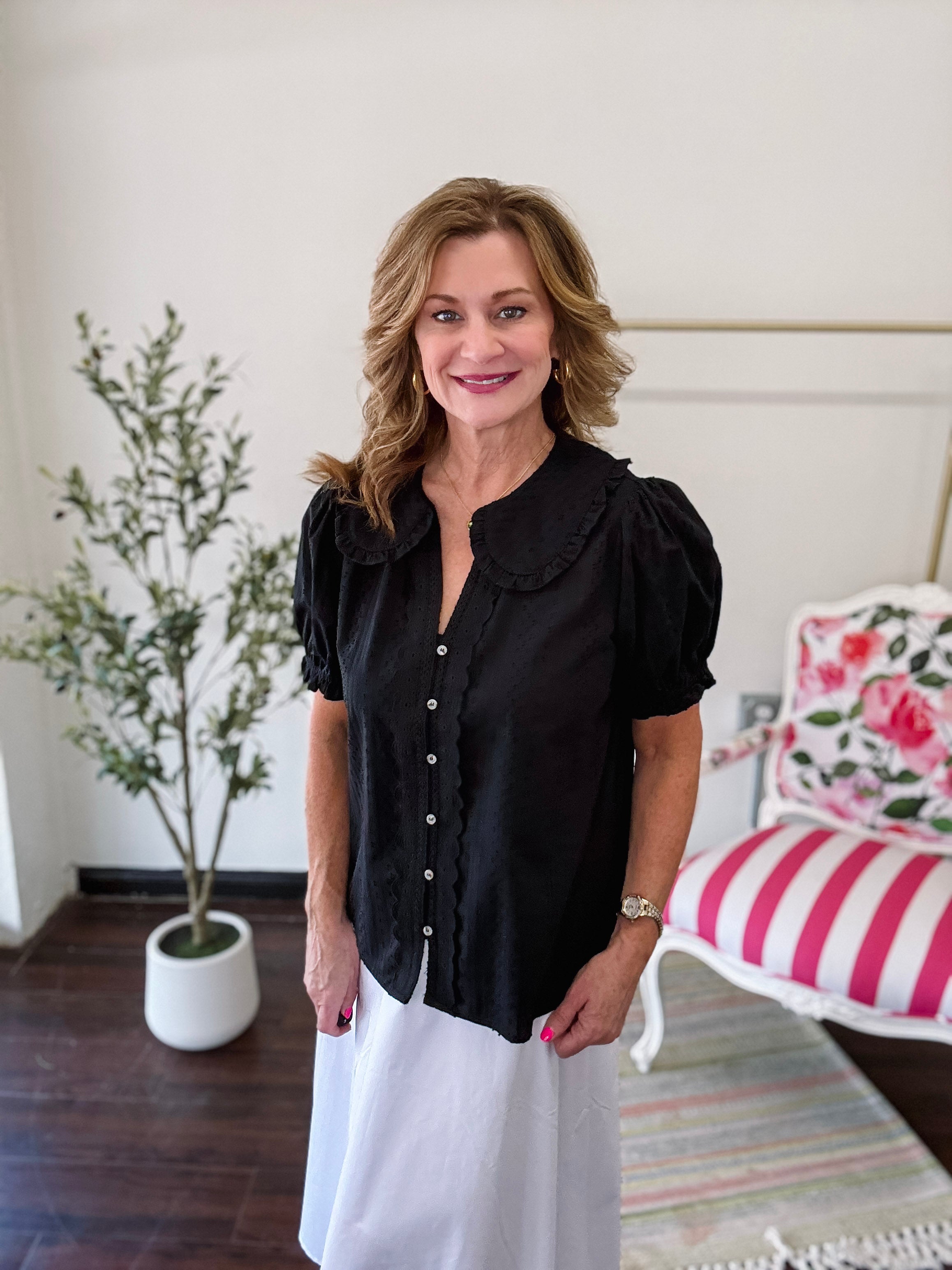 Classic Charm Puff Blouse- Black