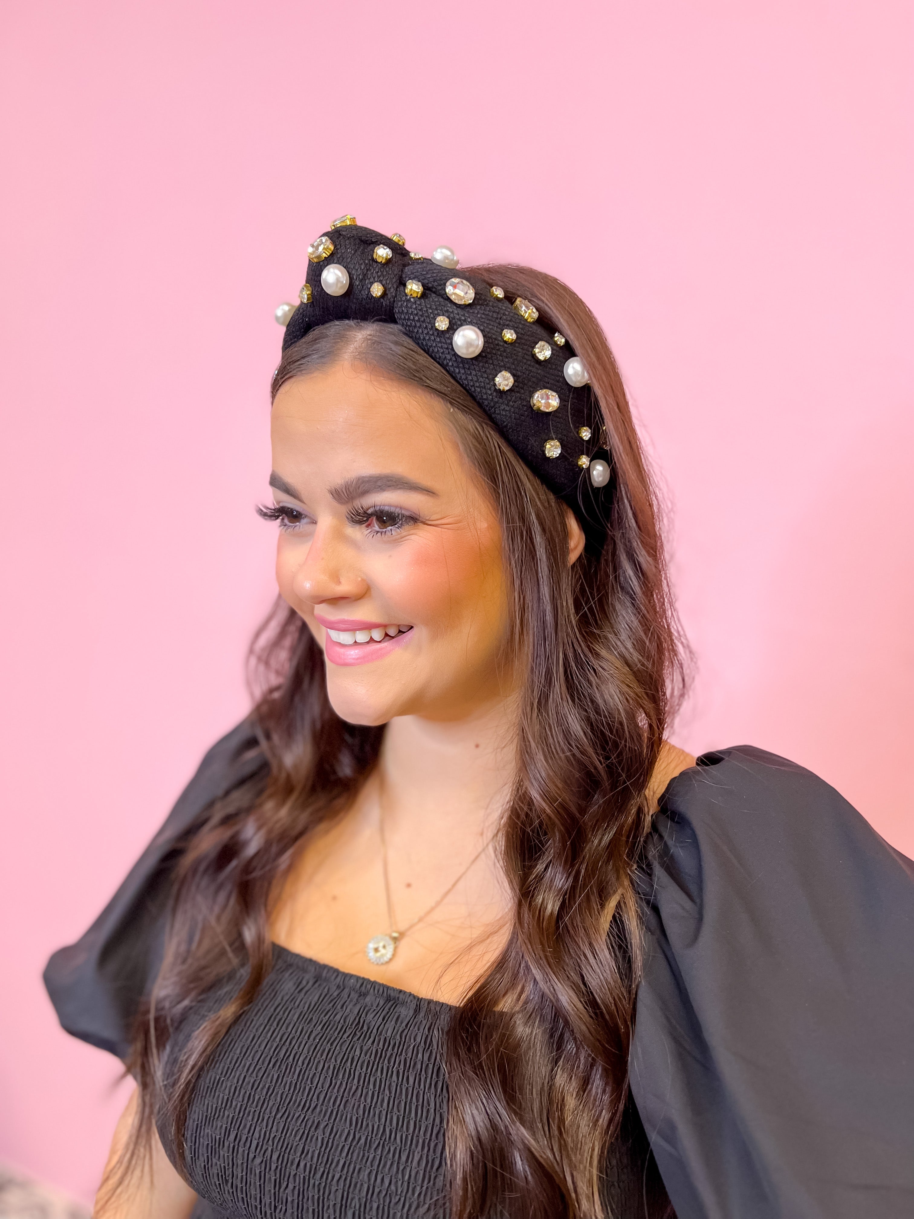 Black Velvet  Knotted Headband with Pearls and Gems