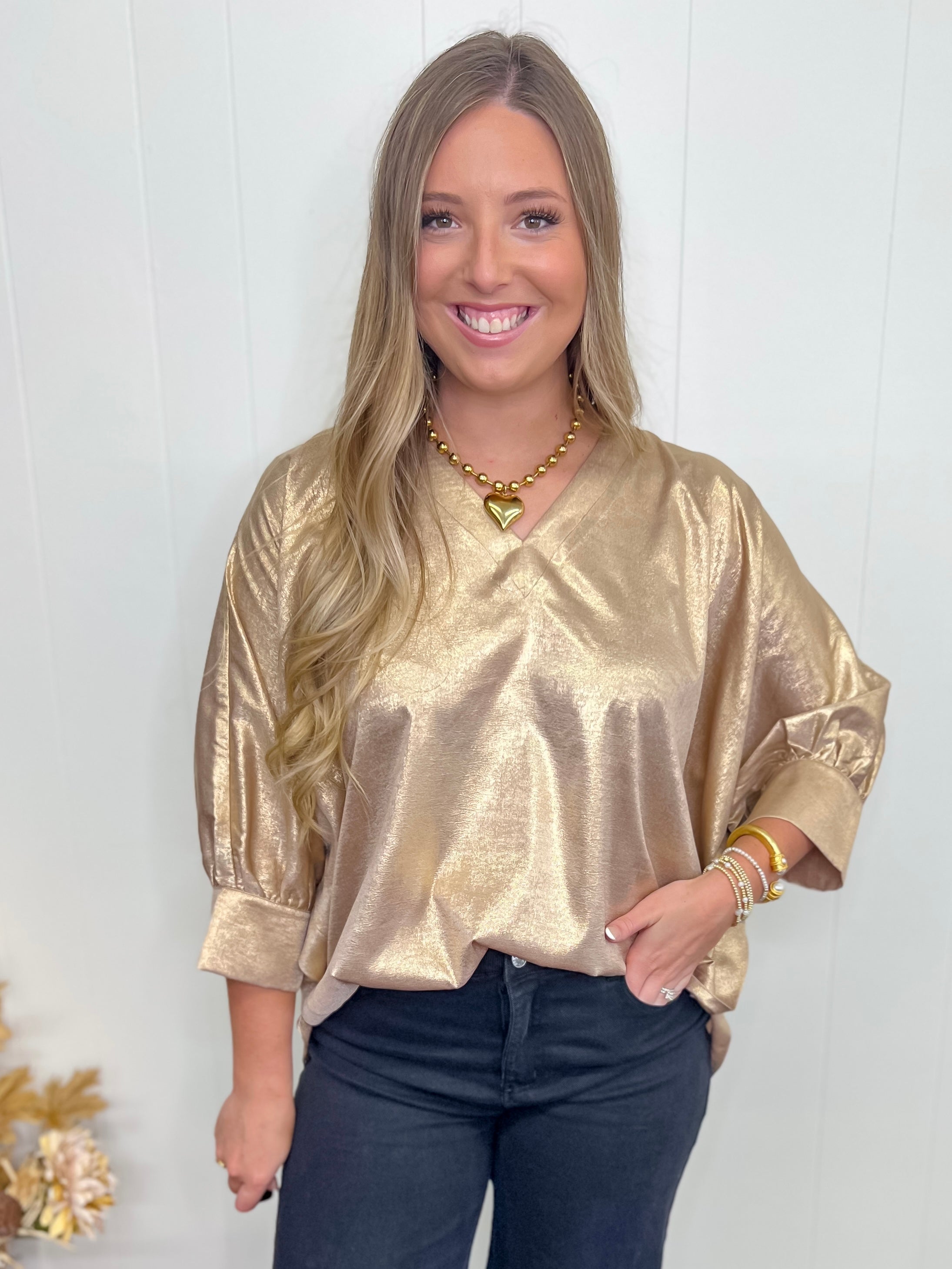 Coming In Hot Metallic Top-Taupe