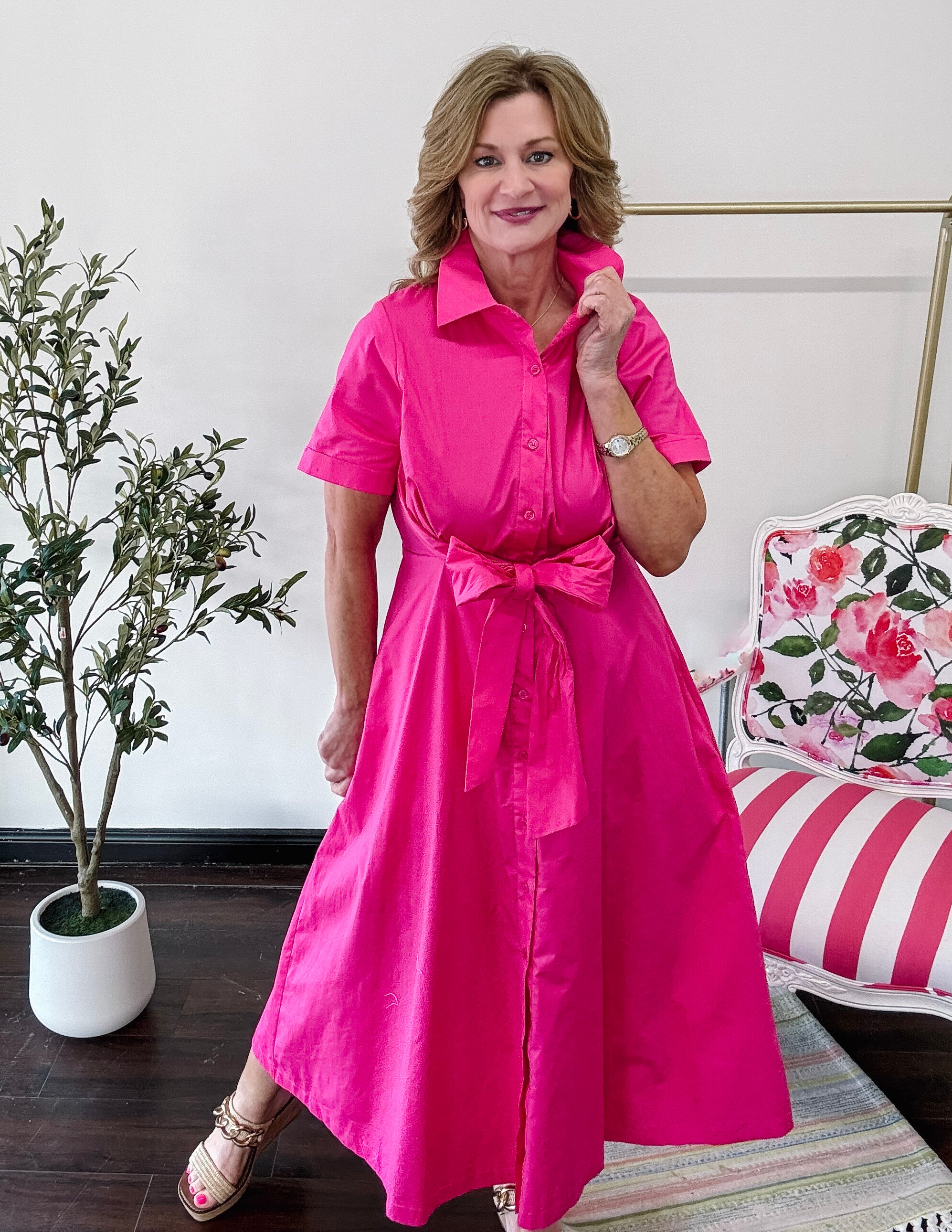 Sweet Bow Front Midi Dress-Pink
