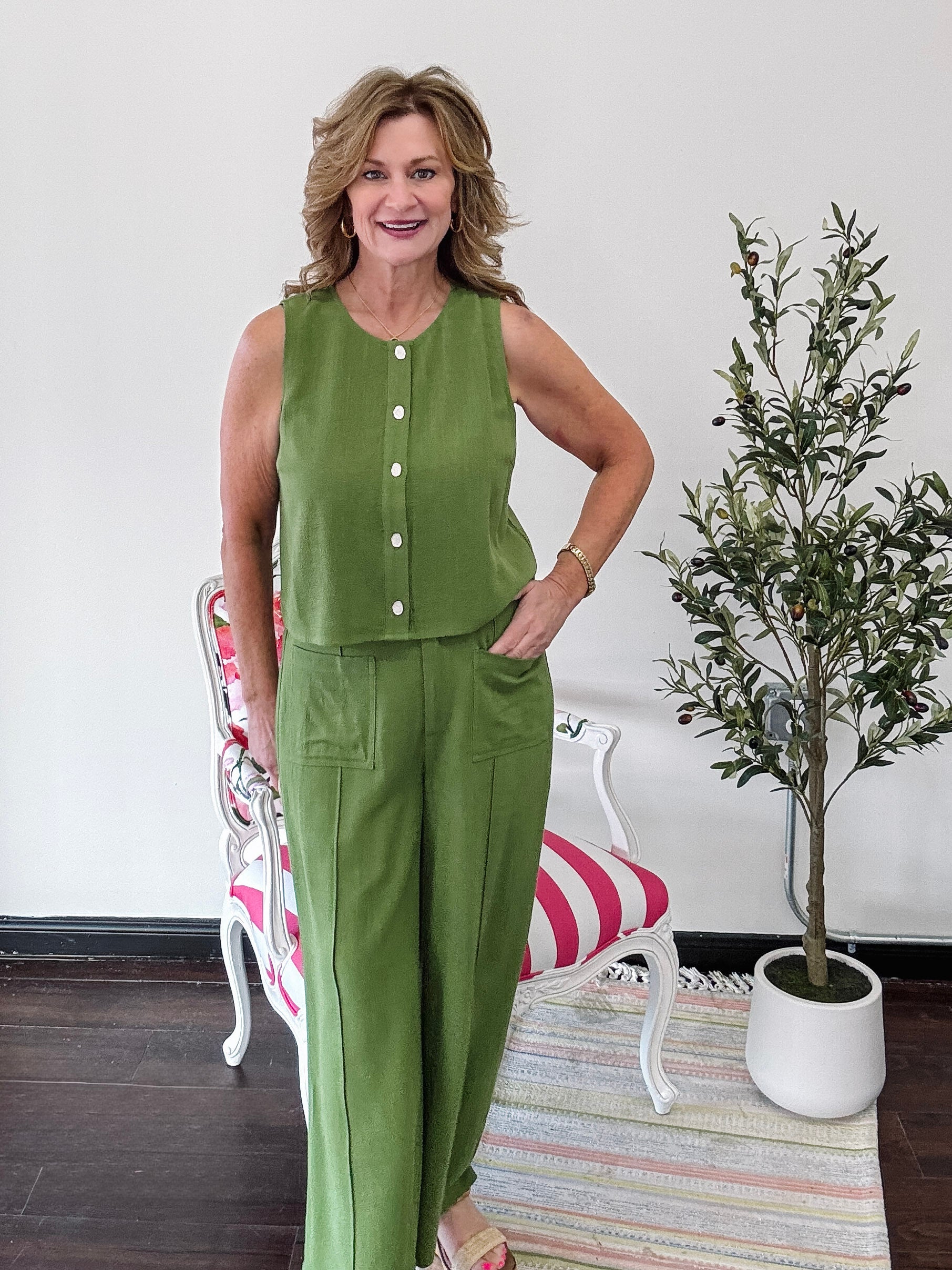 Summer Linen Sleeveless Top-Matcha