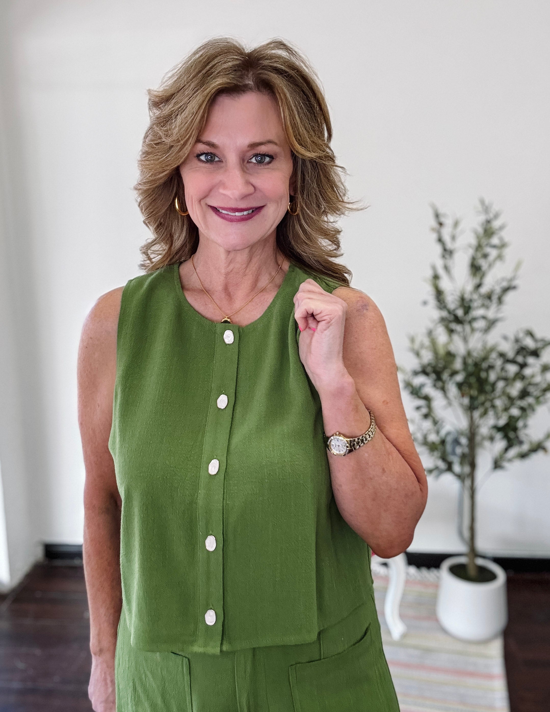 Summer Linen Sleeveless Top-Matcha