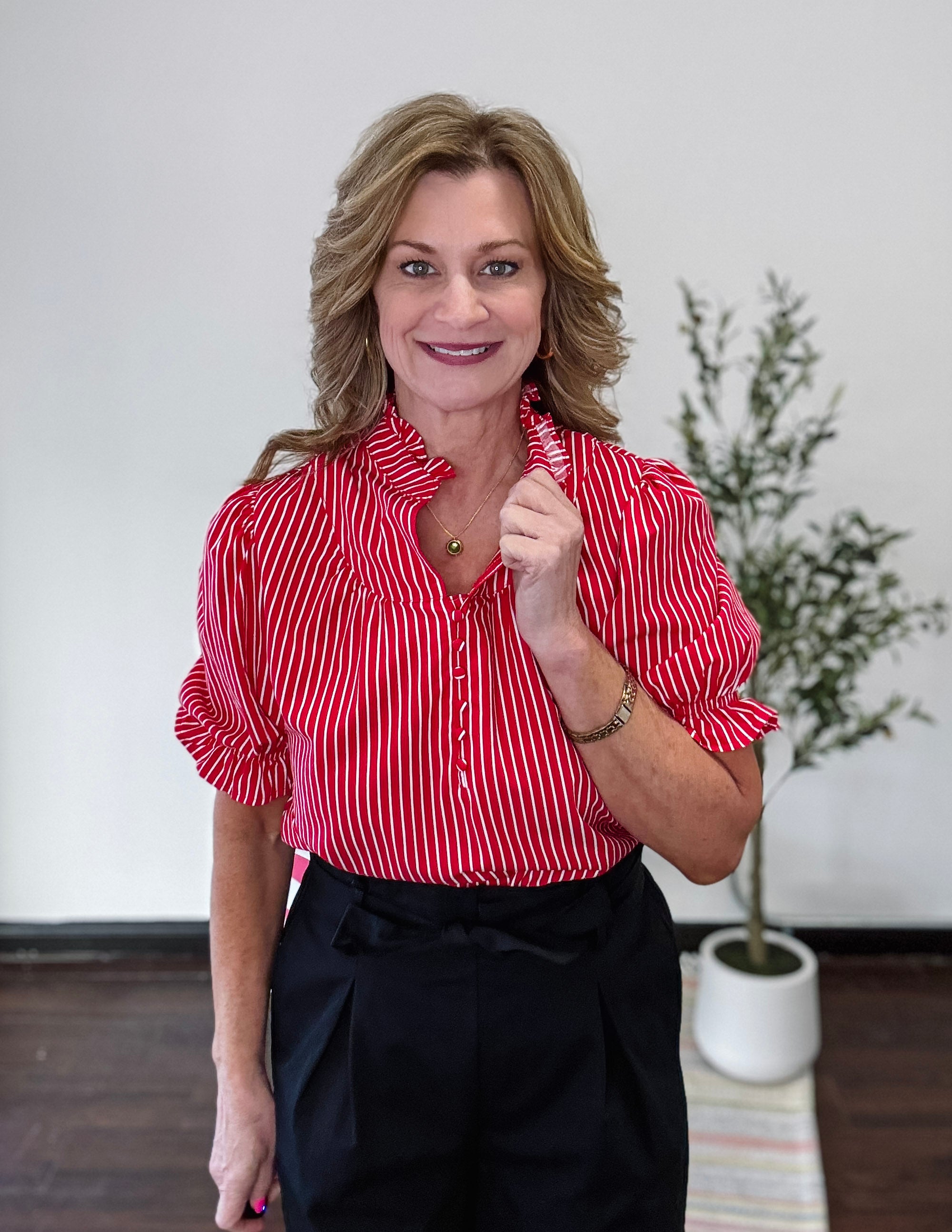 Stripe Ruffled Short Puff Sleeve Blouse-Red and White