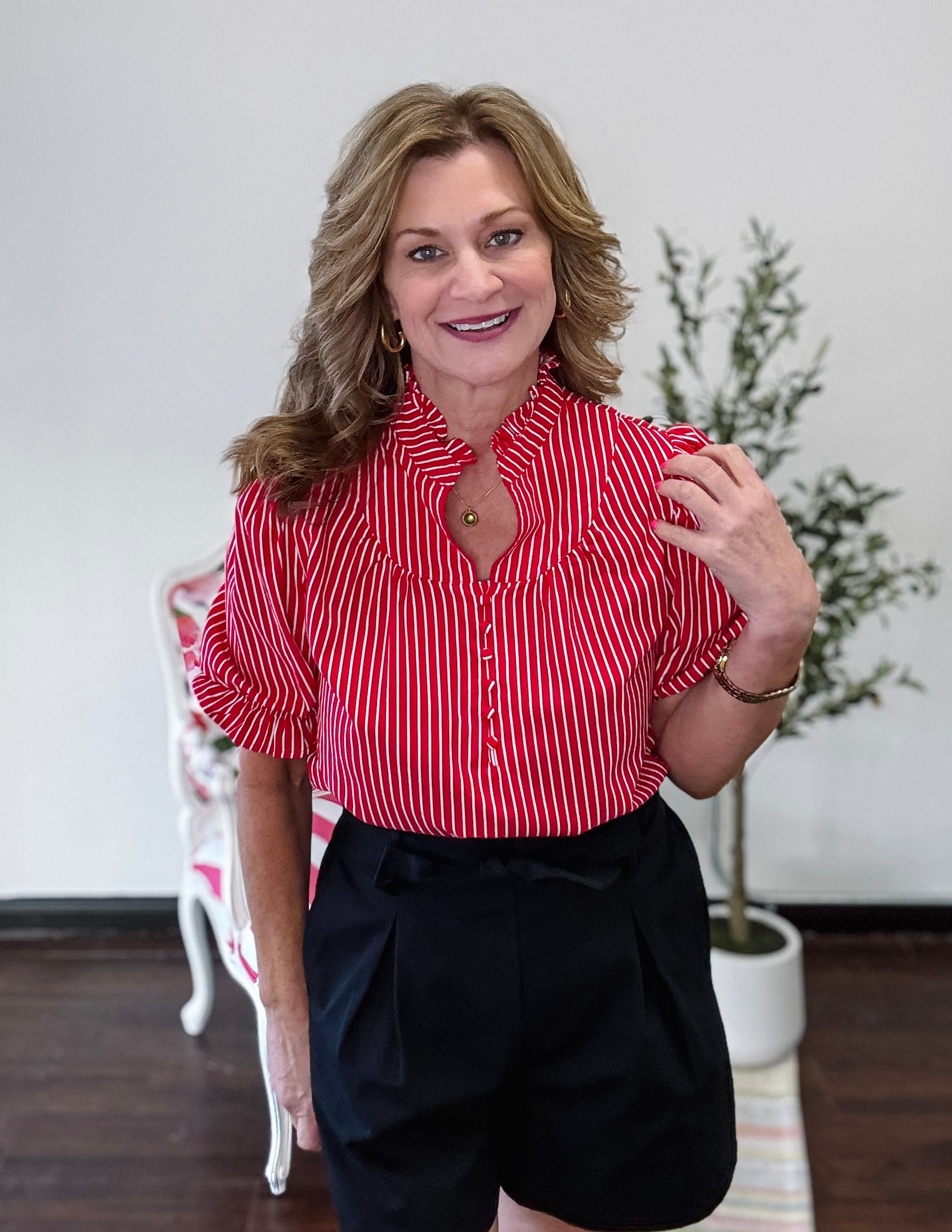 Stripe Ruffled Short Puff Sleeve Blouse-Red and White