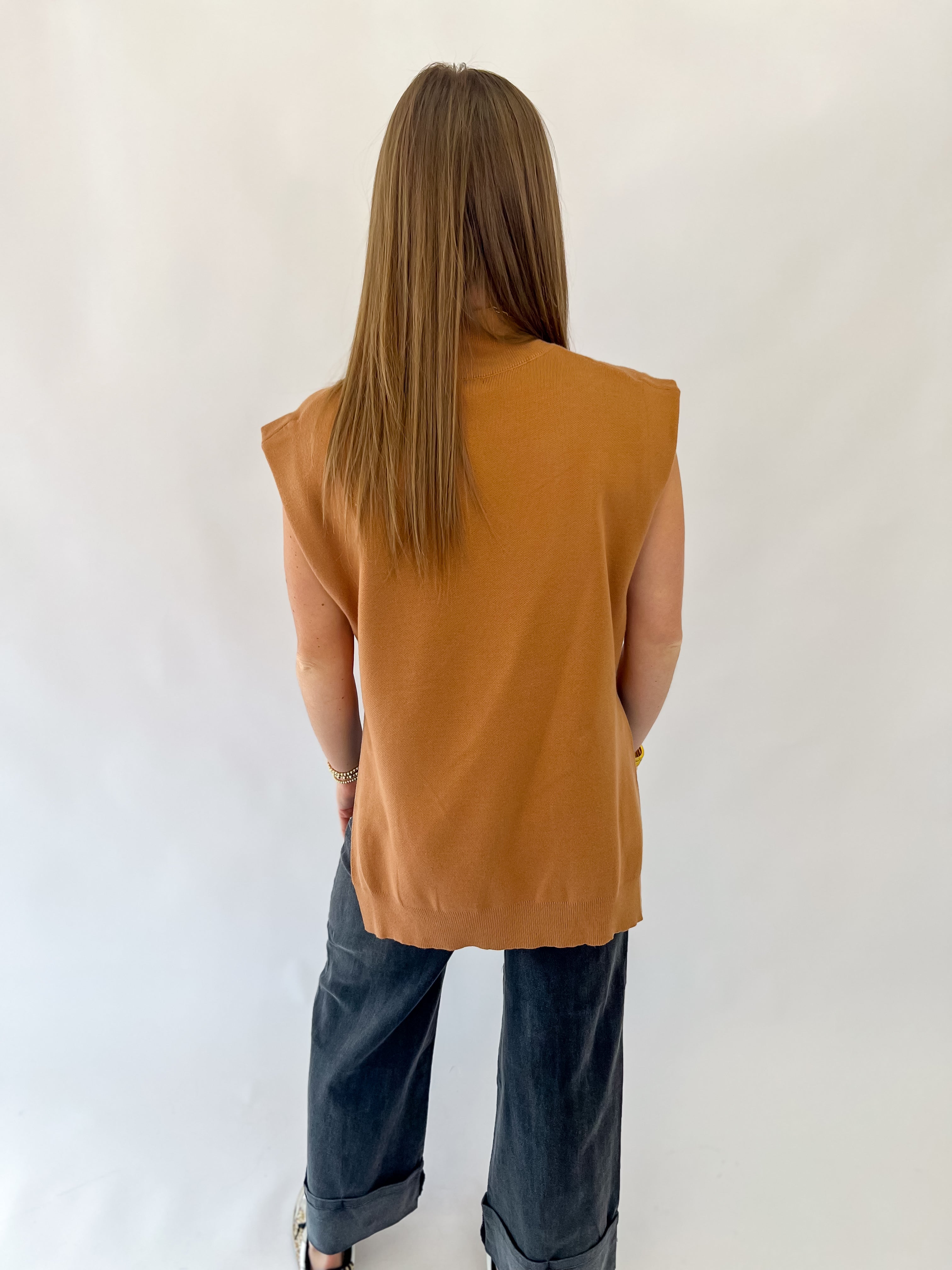 Fall Harvest Hue Mock Neck Muscle Sleeve Knit Top-Camel