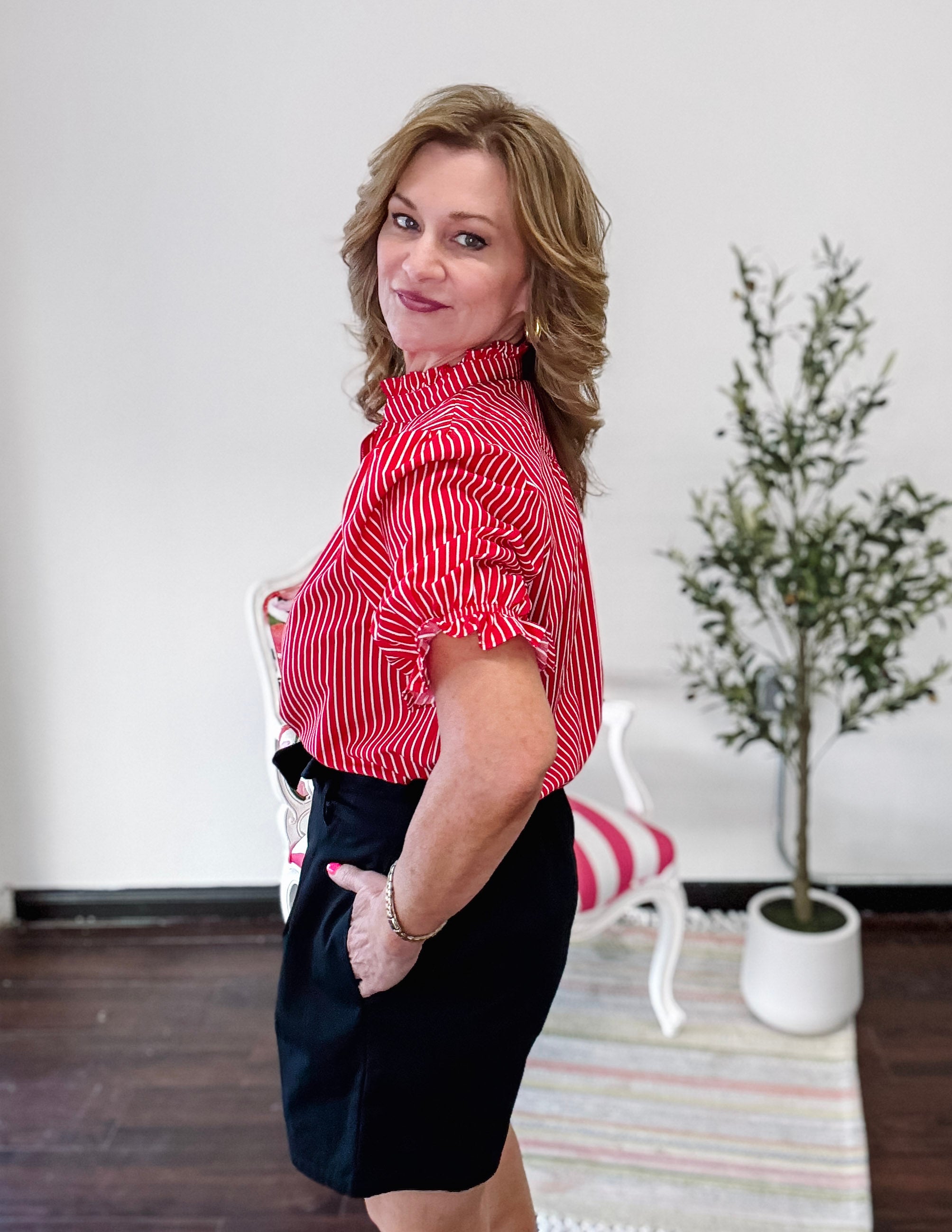 Stripe Ruffled Short Puff Sleeve Blouse-Red and White