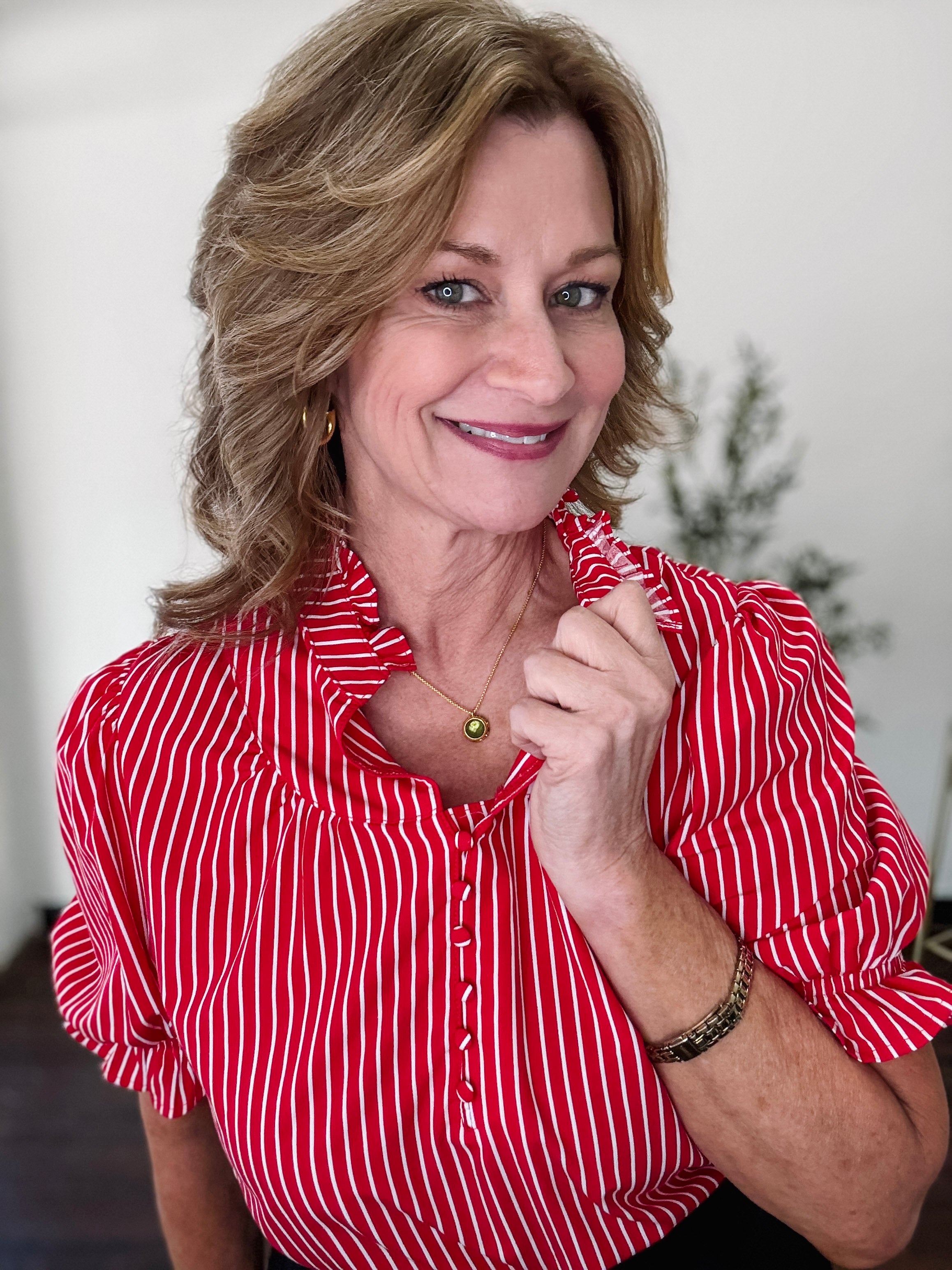 Stripe Ruffled Short Puff Sleeve Blouse-Red and White