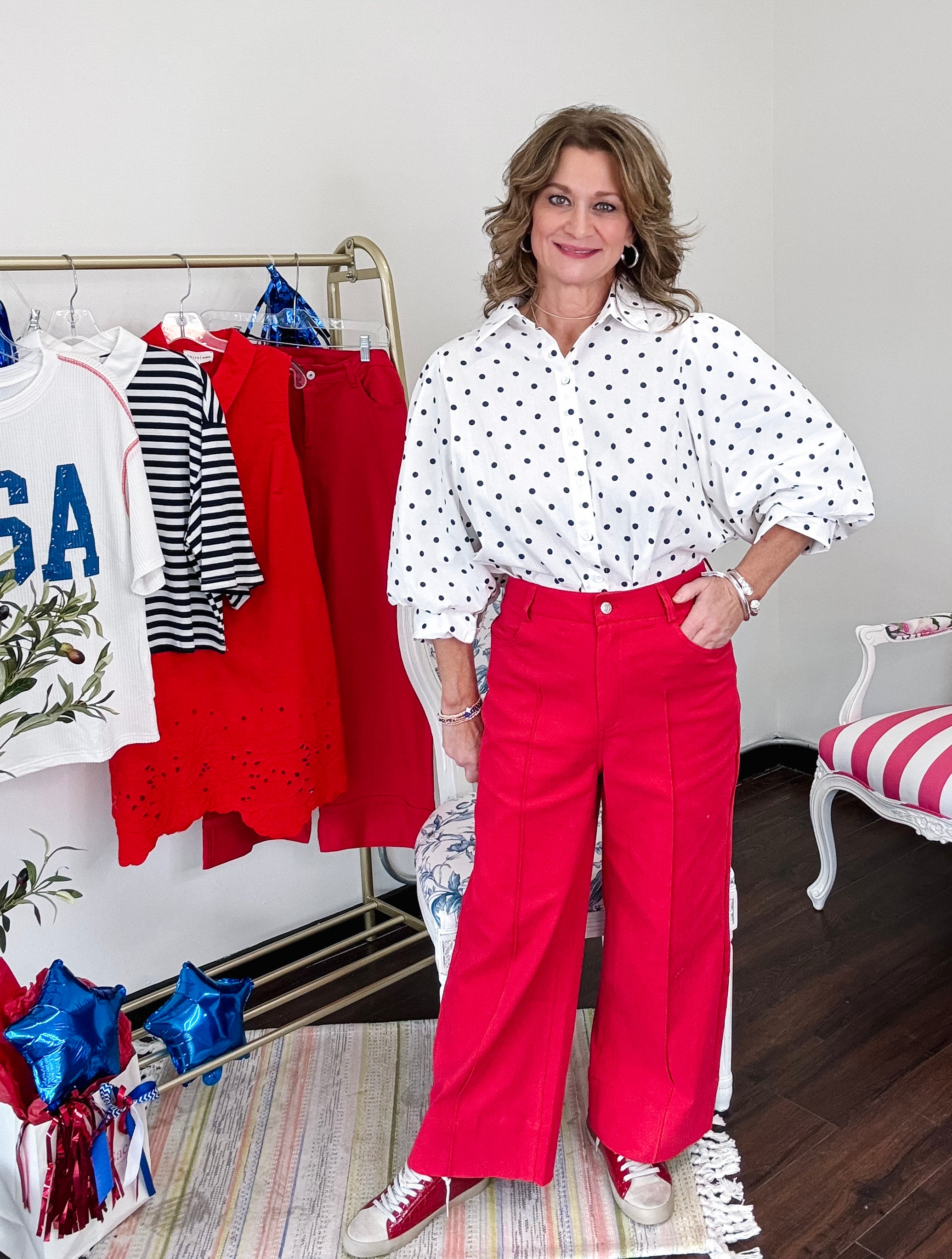 Cropped Denim Pants-Red