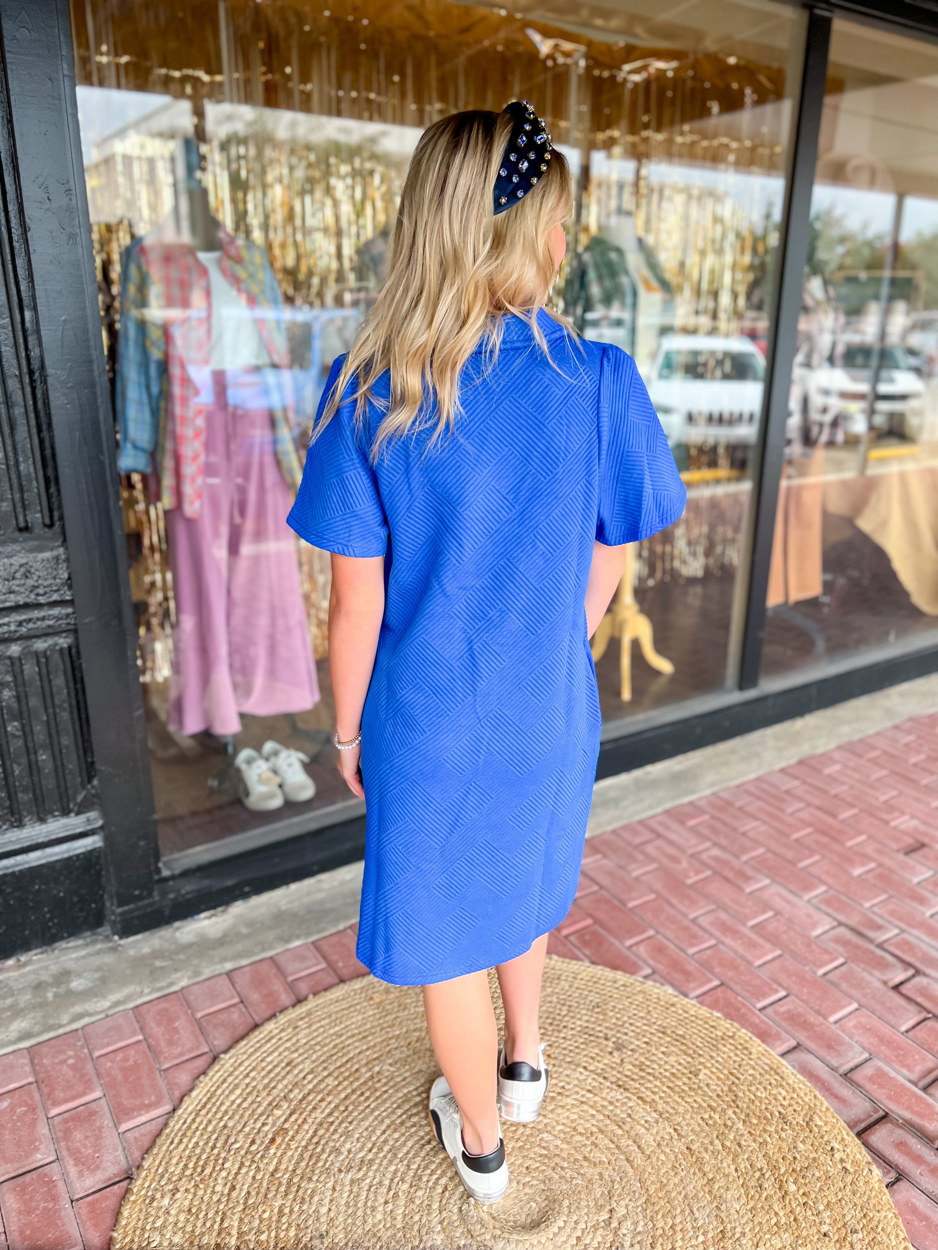 Collared Textured Dress-Royal Blue