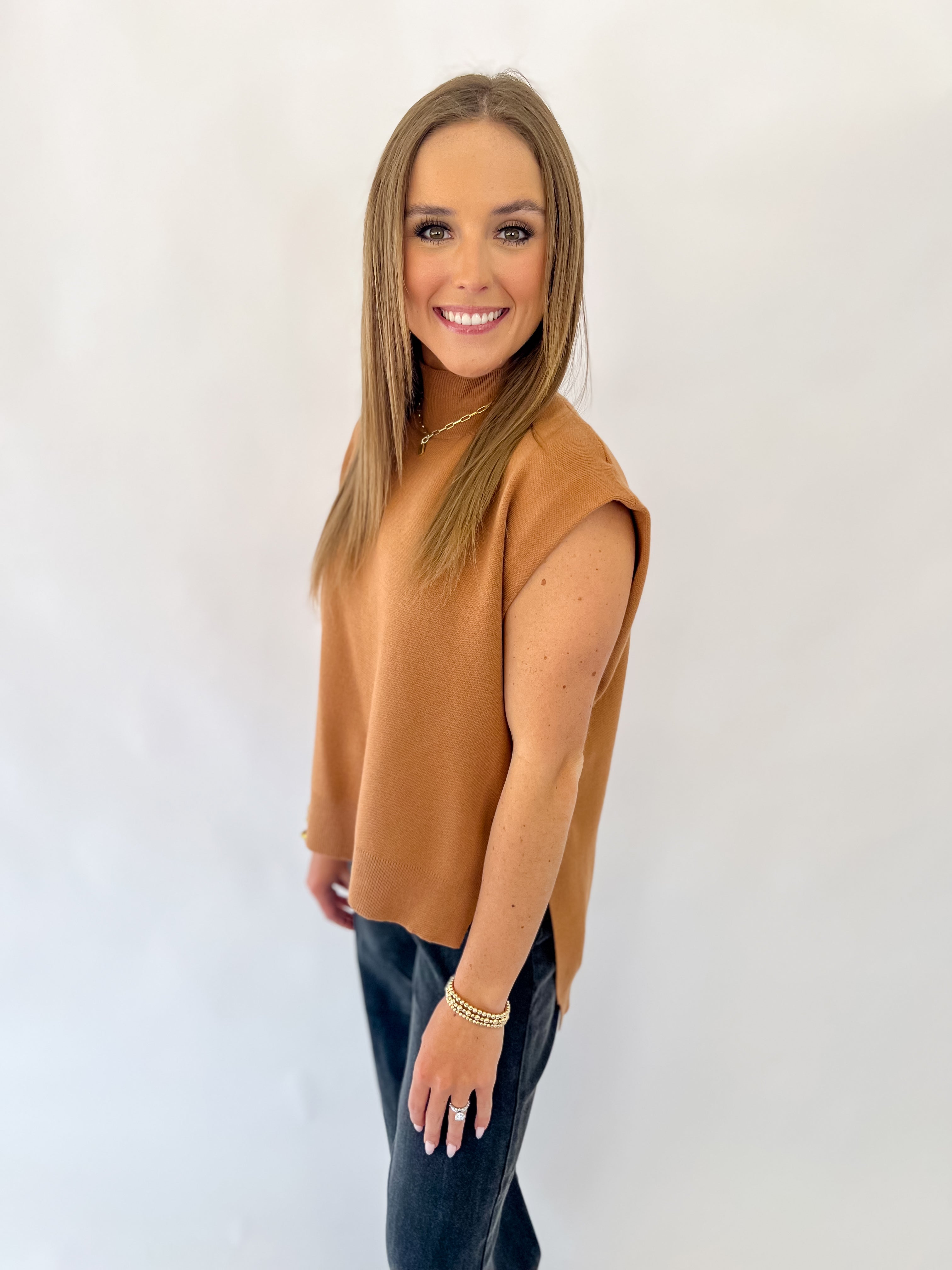 Fall Harvest Hue Mock Neck Muscle Sleeve Knit Top-Camel