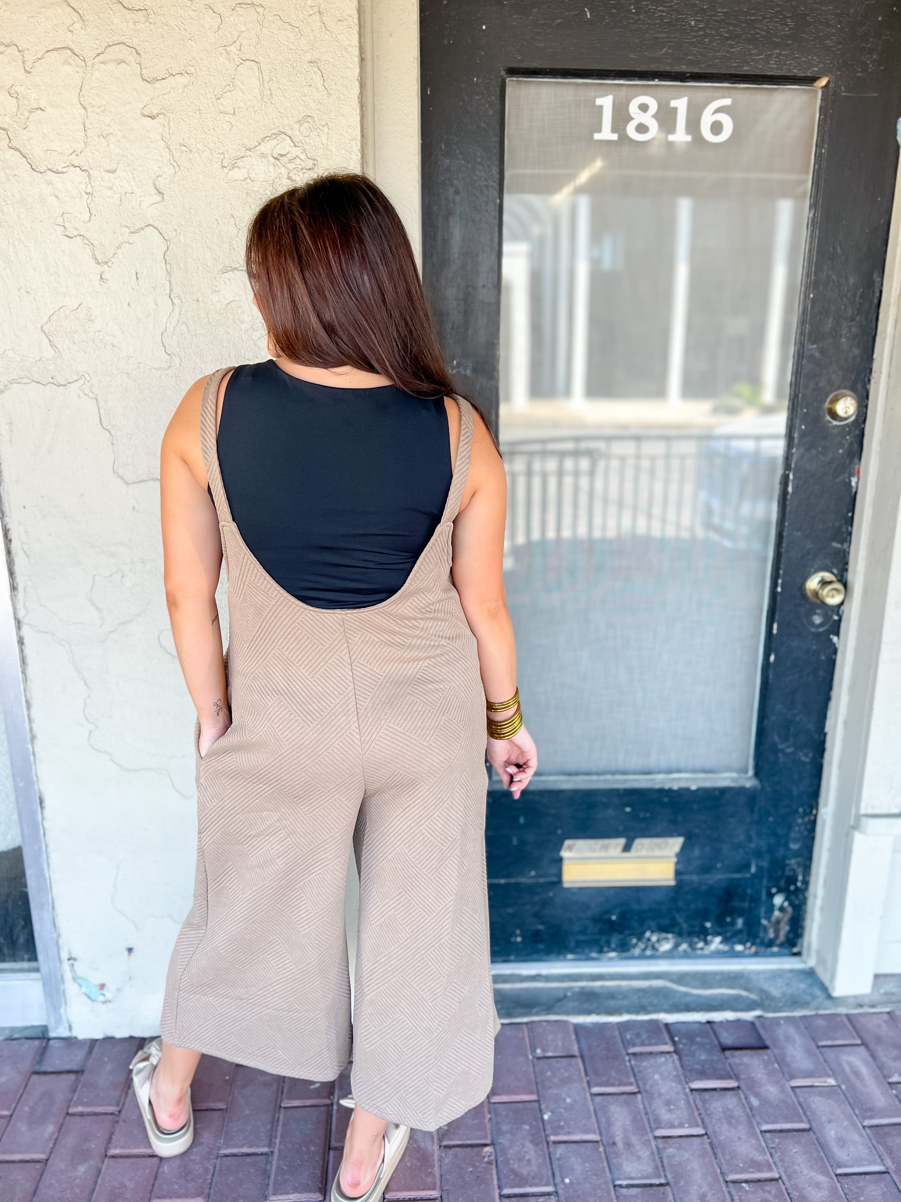 Textured Cropped Overall-Tan