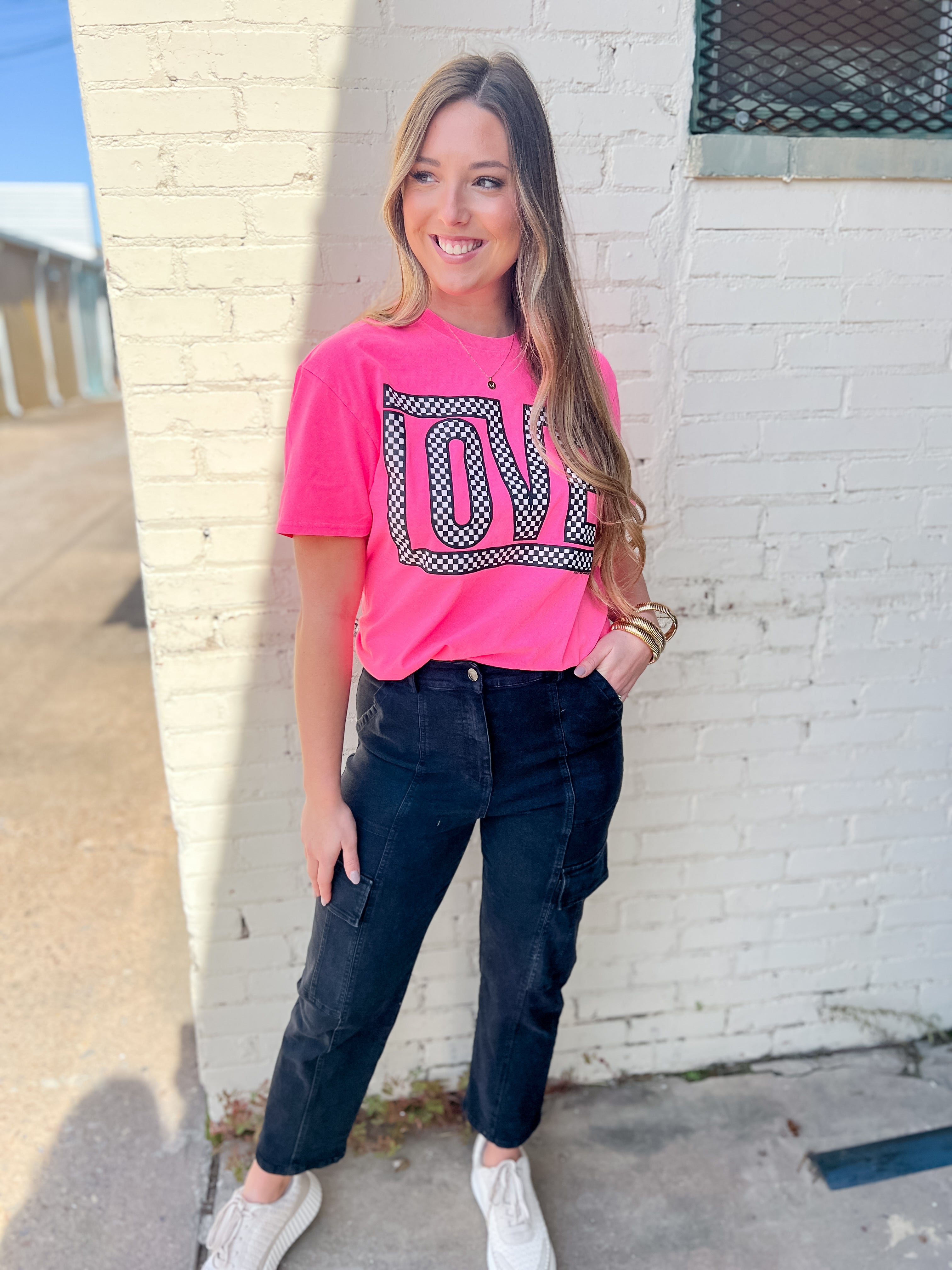 Funky Checkered Love Tee-Neon Pink