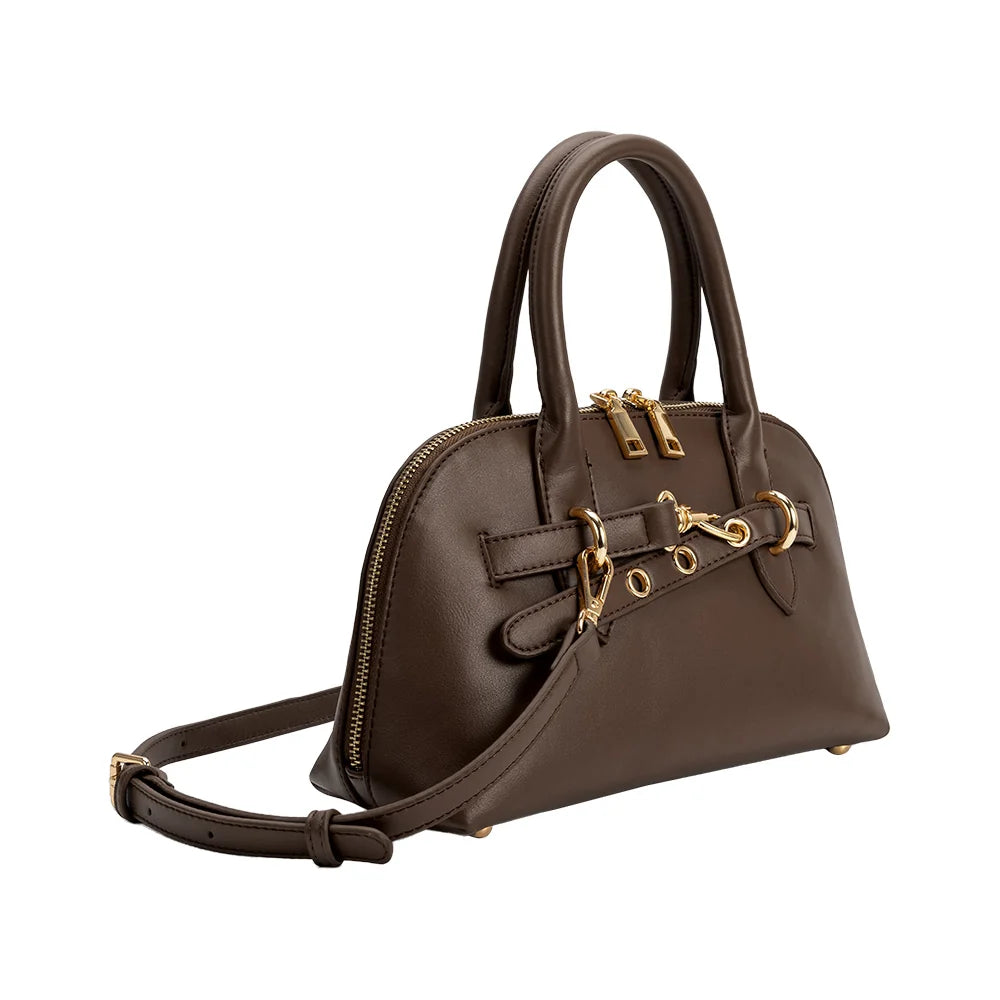 Rue Small Vegan Leather Top Handle Belted Bag-Espresso