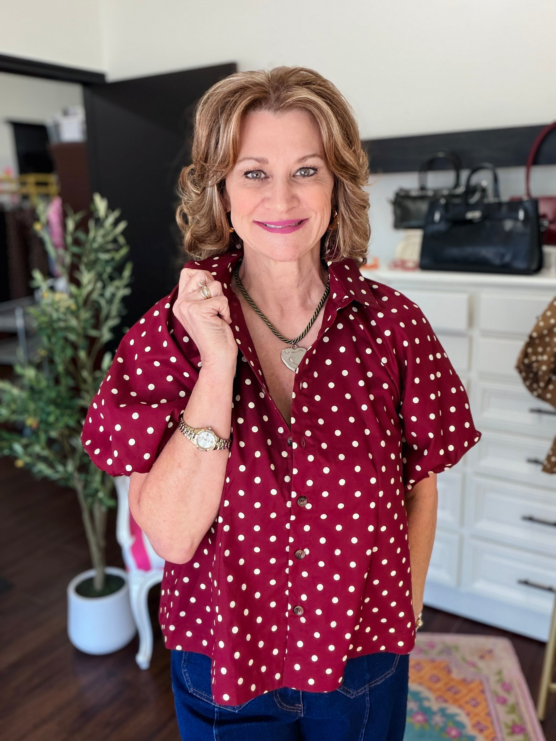 Polka Dot Puff Sleeve Top-Deep Wine
