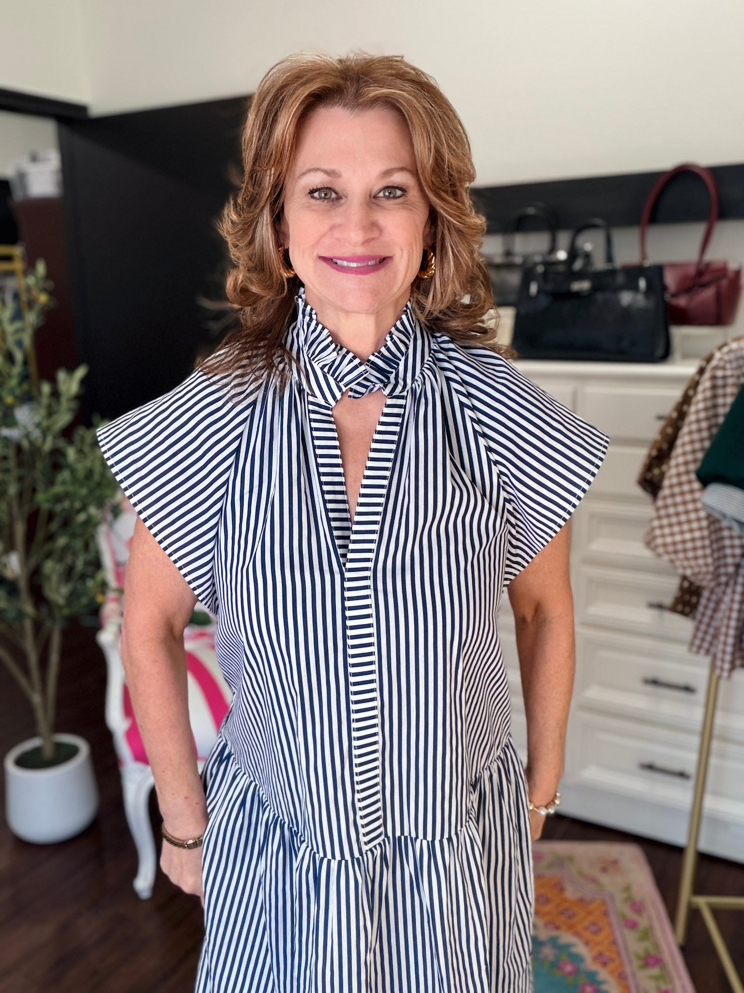 Stripe Ruffle Neck Tunic Mini Dress-Navy