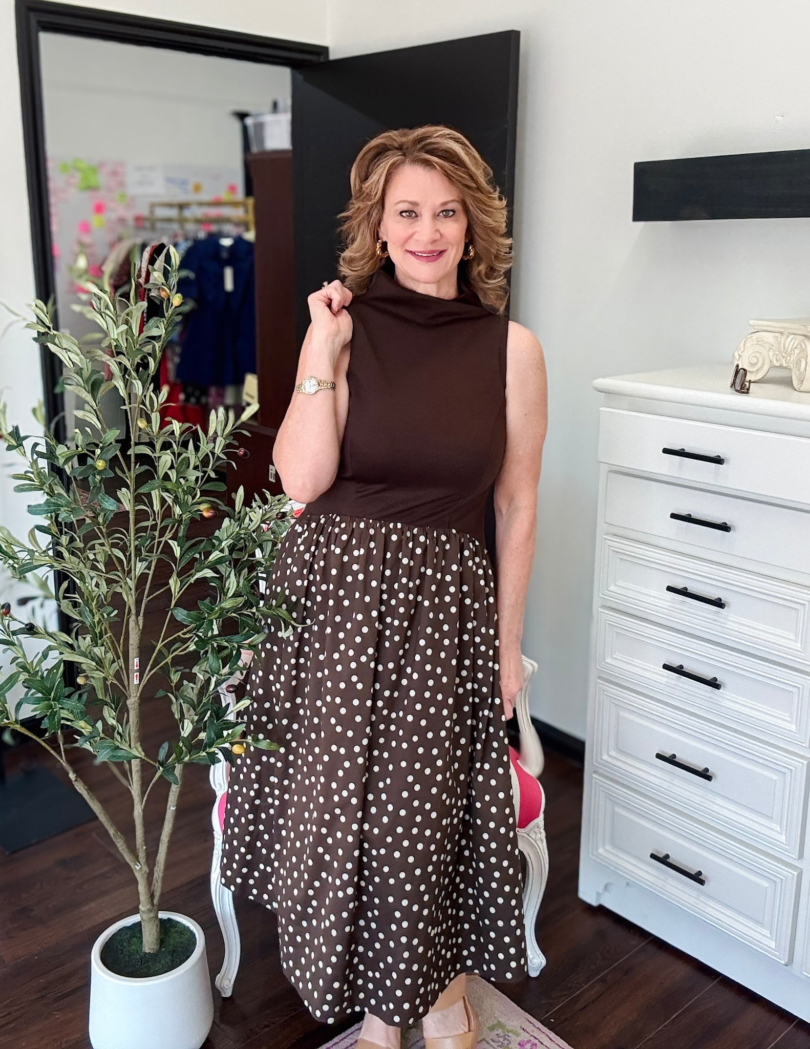 Mock Neck Dress - Brown
