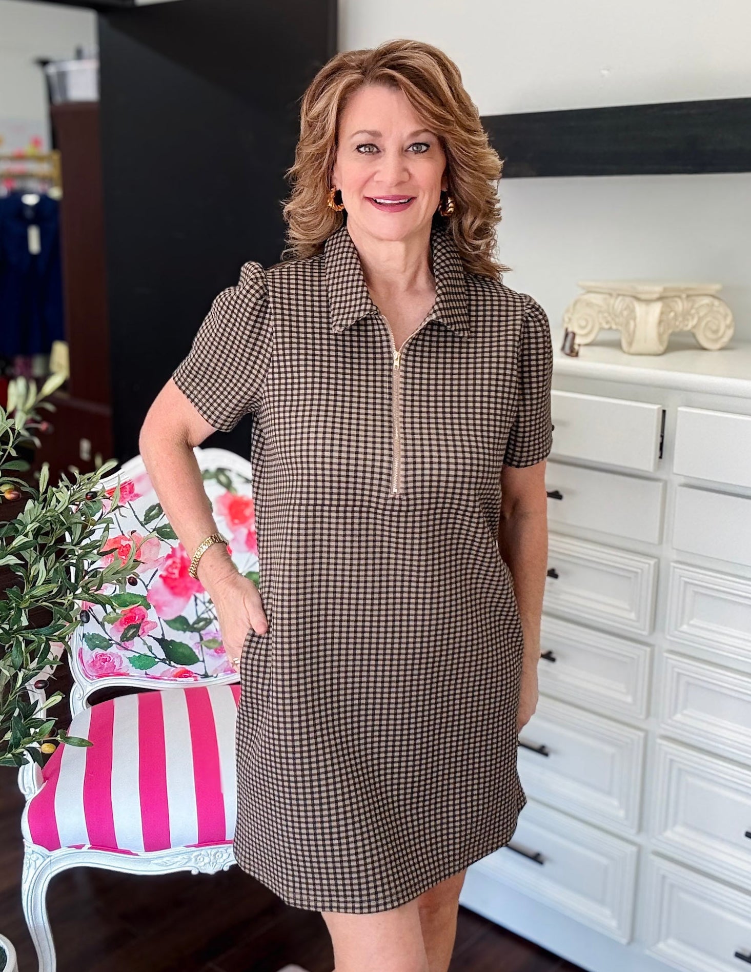 Gingham Stretch Mini Dress - Black Tan