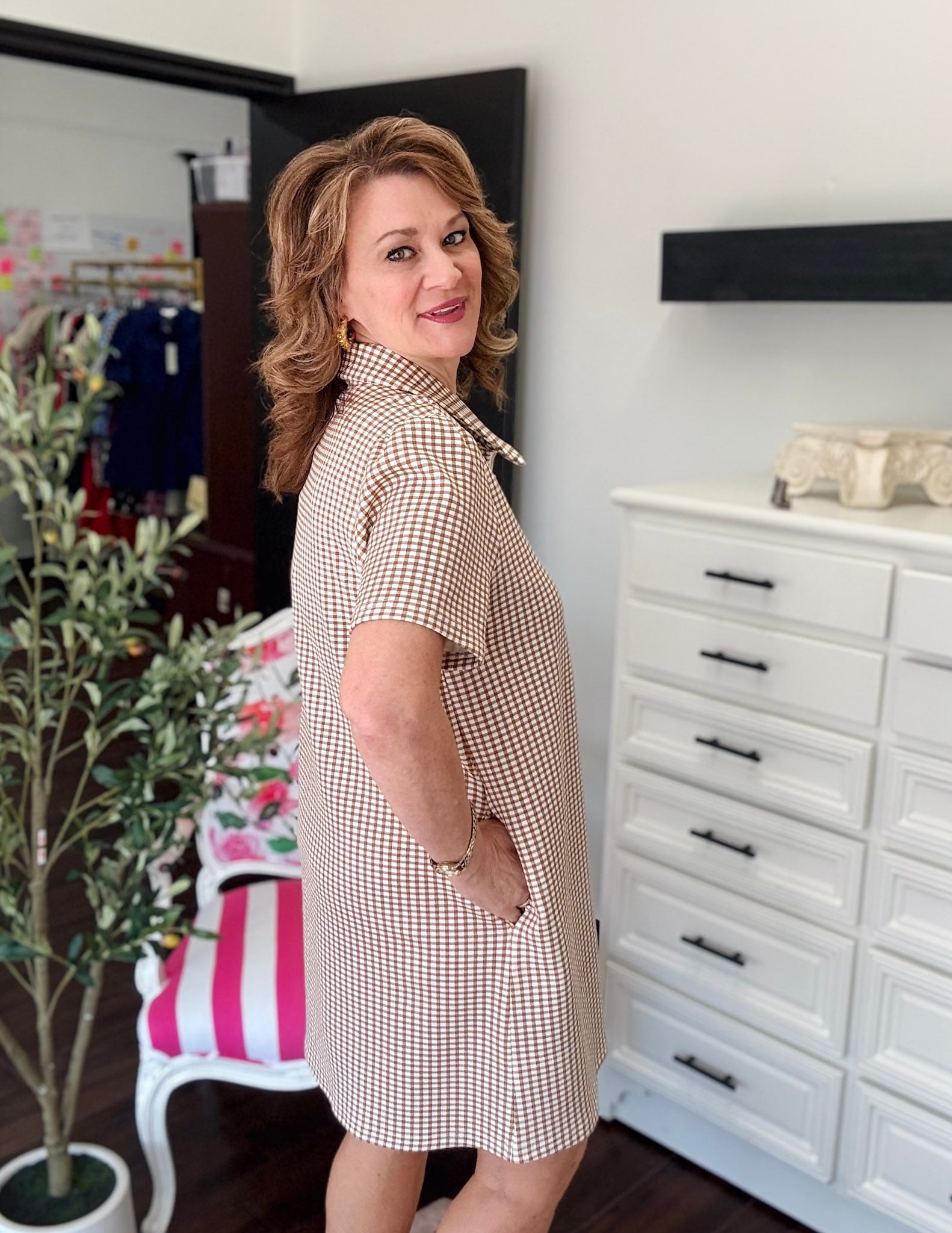 Gingham Stretch Mini Dress - Camel