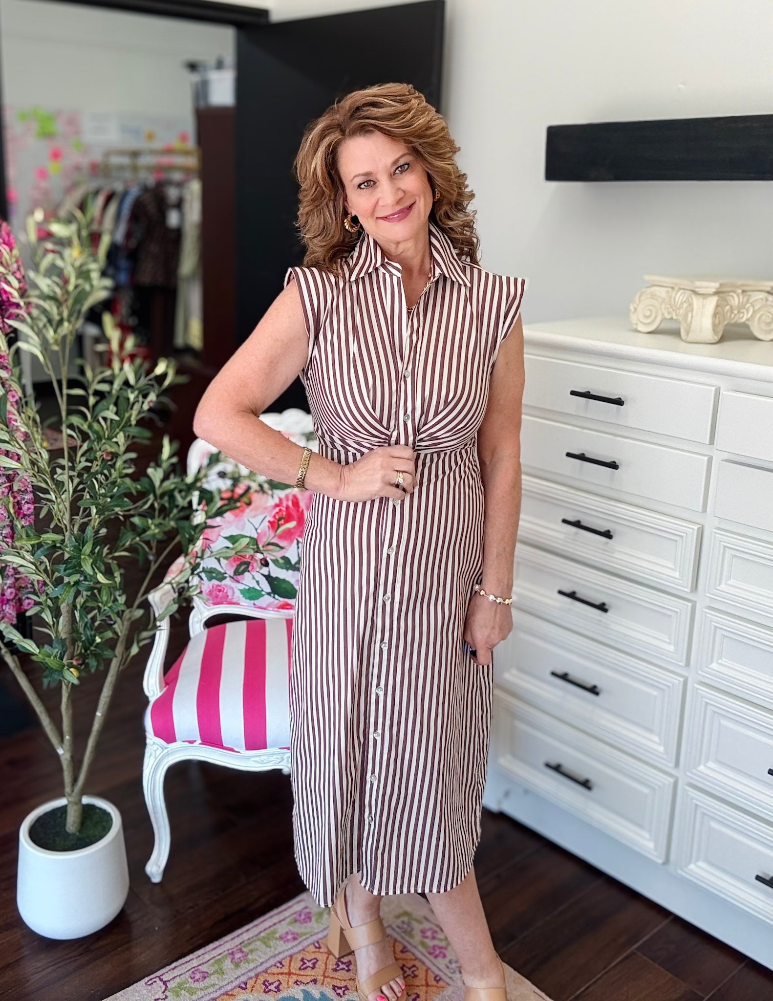 Striped Button Down Midi Dress-Brown/White